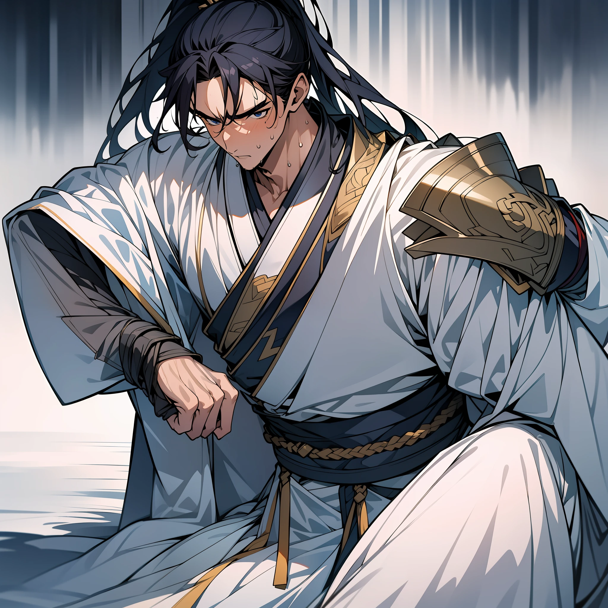 quadratic element，style of anime，mtu（Male Warrior），closeup of face，musculature，The proportions are correct，Face details，swordsmen，High ponytail hairstyle，perspired，Sweat on the face，drools，Neck details，There is an Adam's apple，Get wet，Drenched，White Hanfu，kaftan，Embroidered robes，Robe，clothes details，Handing over，longer sleeves，Wear arm guards、Armour，Game quality，Swordsmanship，Light and shadow tracking，Ray traching，detailed glow，cg render，hair detail，blue colored eyes（eyes glowing），cabelos preto e longos，Sweat on the face，Handsome，Handsome，Beads of sweat slipped down my neck，（juvenile sense），Clothing is complicated，Drenched，Get wet，Perfectcomposition，Refinement，high qulity，higher details，Lots of details，The background is complex，a sense of atmosphere，facial closeups，