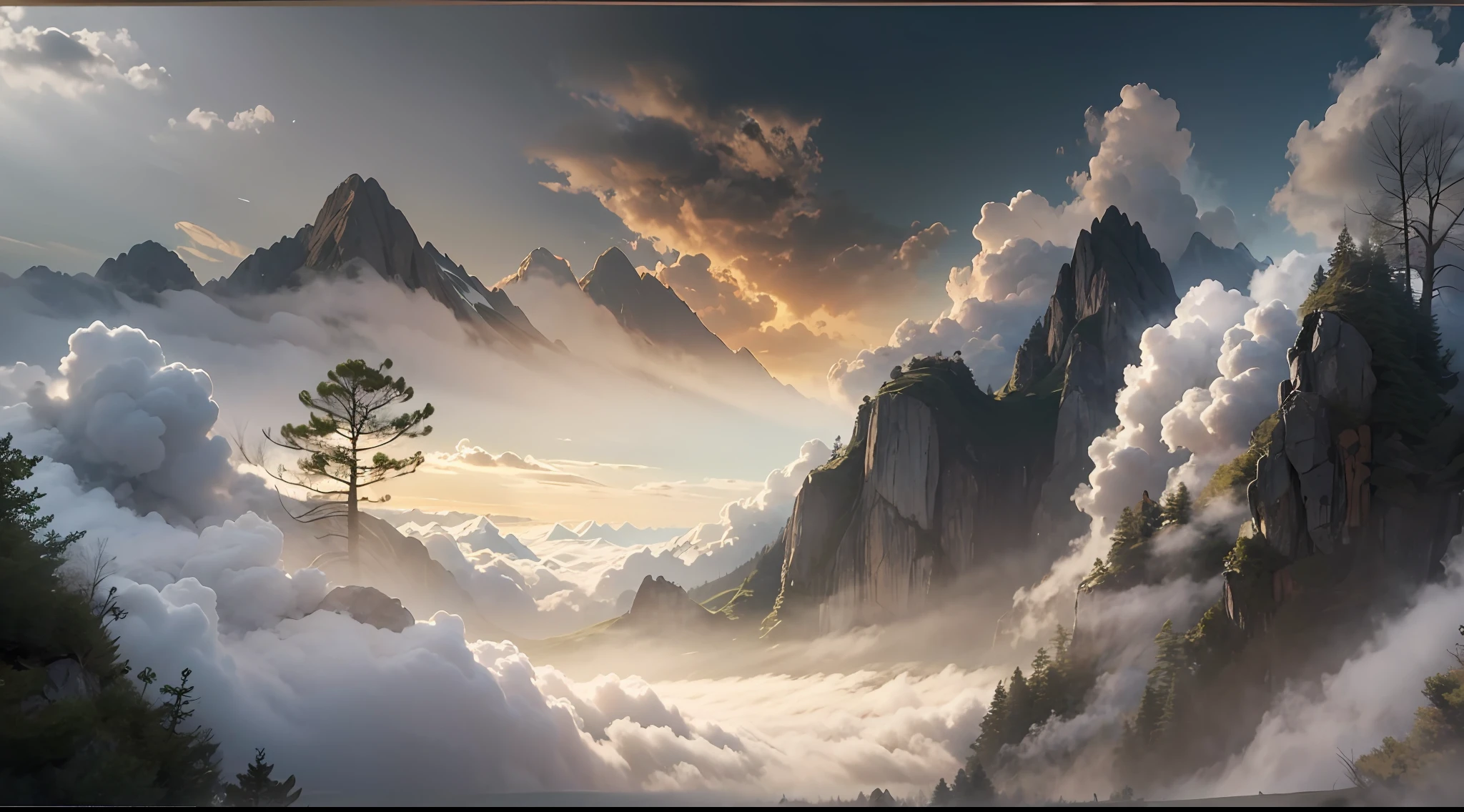 Stand on the top of the mountain and look down，High hills，Surrounded by thick clouds，the setting sun，surrounded by cloud，Sunlight shines through the clouds over the forest，There is a hazy layer of golden light，Two cranes in the distance，(Photorealistic:1.4), (Masterpiece, side-lighting,),  Photorealsitic， Solo, embarressed, (midriff),（super-fine），Detailed pubic hair，Accurate，（Works of masters），（best qualtiy），8K分辨率，dynamic viewing angle，