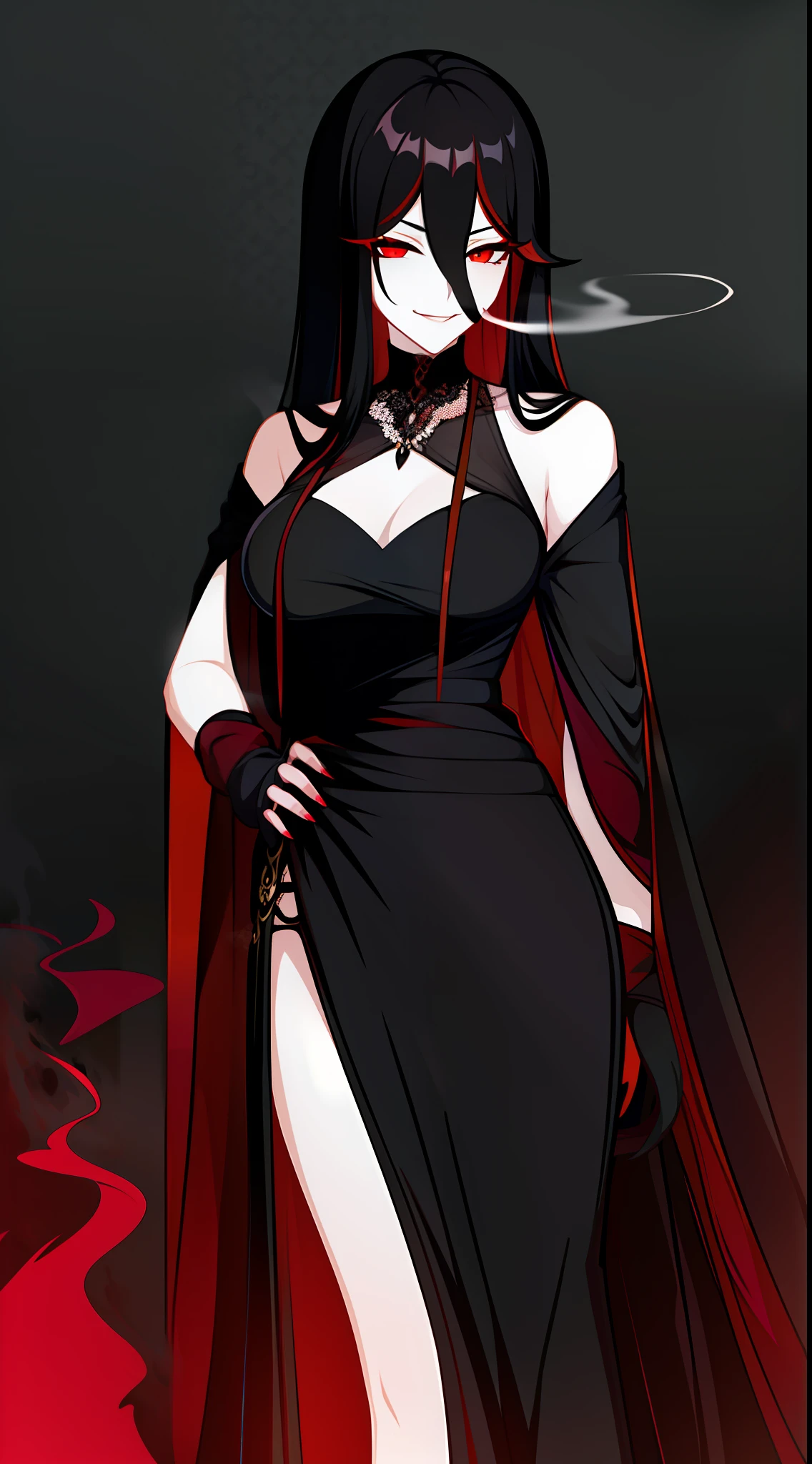Adult woman, Long black hair, red-eyes, Black Luxury Dress, black lipstick, smirk, Smoke, Masterpiece, hiquality