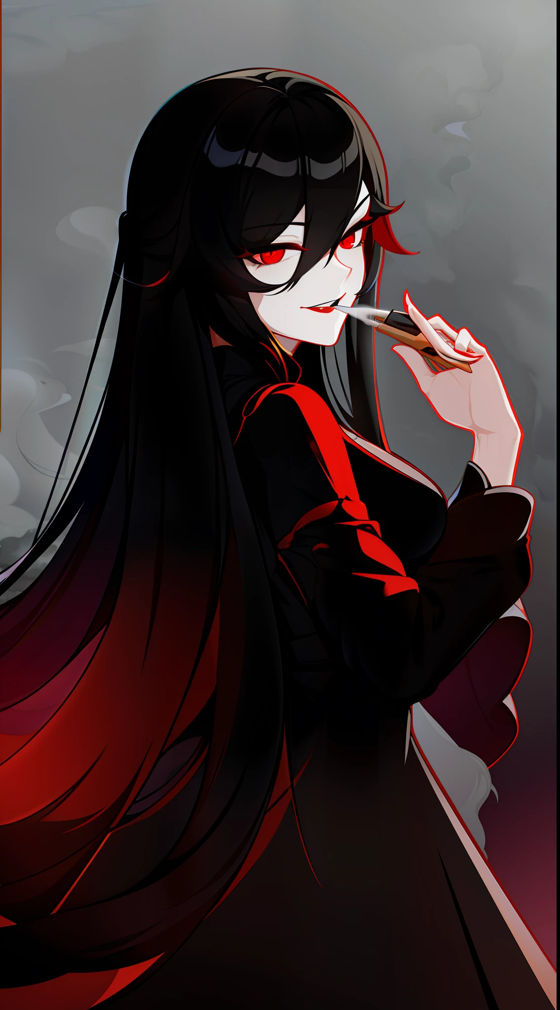 Adult woman, Long black hair, red-eyes, Black Luxury Dress, black lipstick, smirk, Smoke, Masterpiece, hiquality