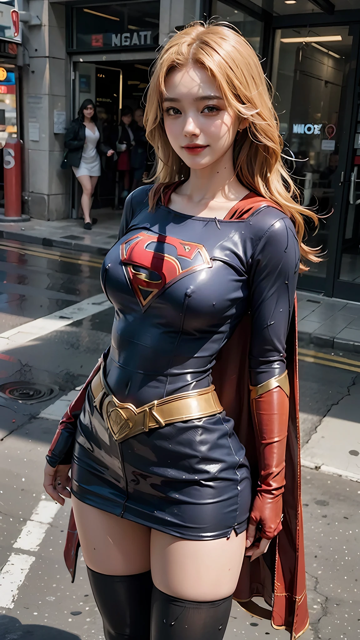 Woman body set big breasts, Supergirl costume dress, highly detailed face & skin texture, rainy season, cleavage:1.2, wet body:1.2, highly detailed costume and hair, 8k, uhd, smile:1.2