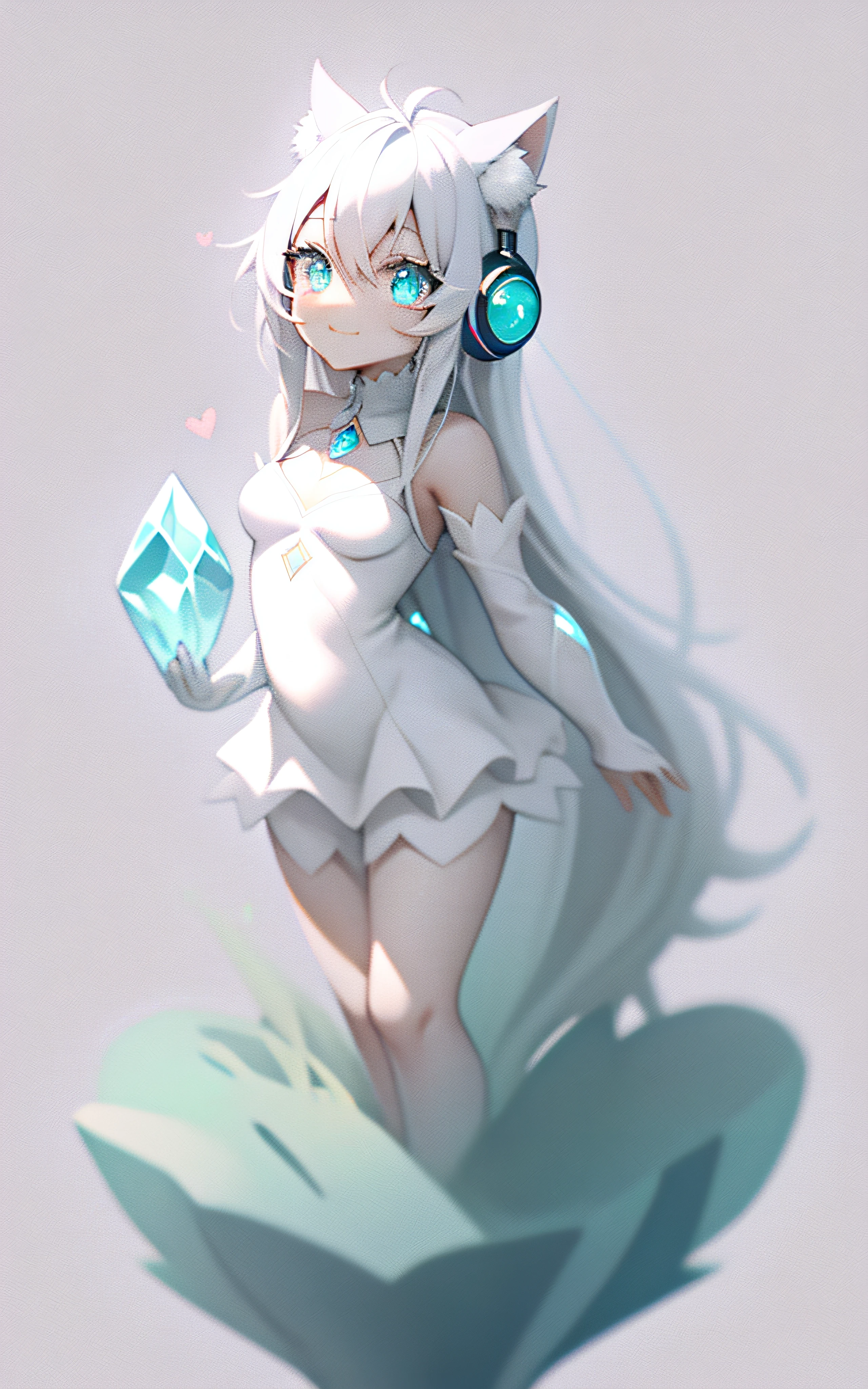 white hair, long hair, very long hair, floating hair, crystal hair, hair strand, absurdly long hair, heart ahoge, aqua eyes, devil pupils, kemonomimi mode, cat ear headphones, shy, smiley, god rays, ray tracing, move chart, reference sheet, multiple views, UHD, masterpiece, ccurate, anatomically correct, textured skin, super detail, high quality, high details, highres, 8k