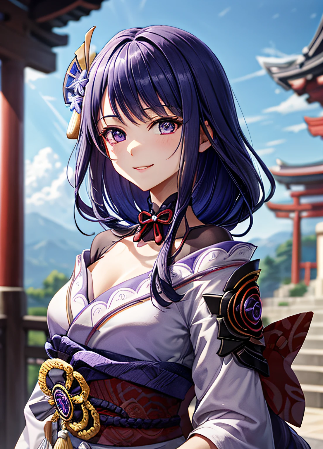 raidenshogundef，The upper part of the body，ssmile，Be red in the face，exteriors，In the daytime，simple backgound，blue-sky，long whitr hair，Skysky，temple，looking at viewert，stairways，mont，moody light，face to the viewer，