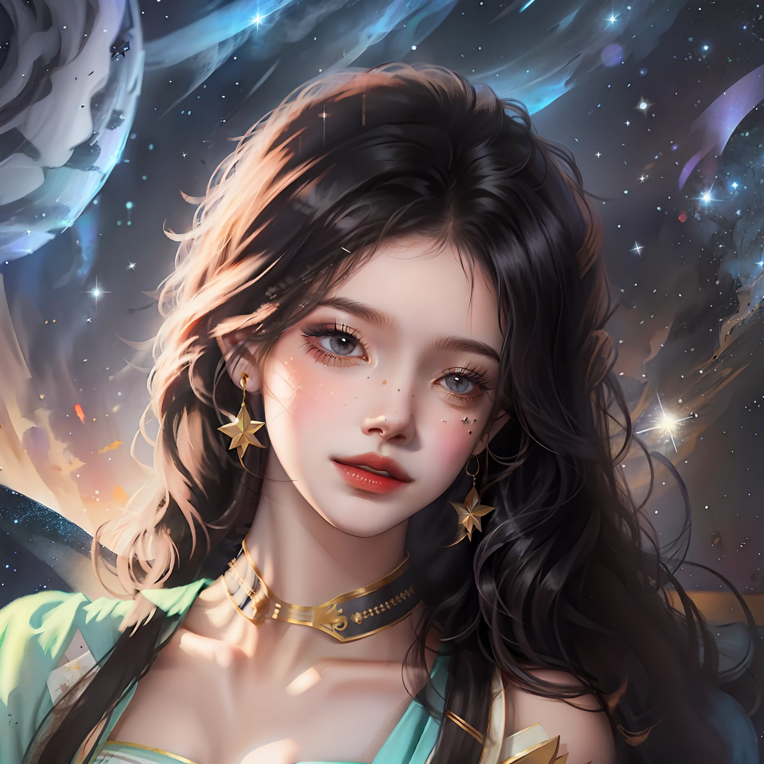 Black haired girl,background starry sky,The stars shine