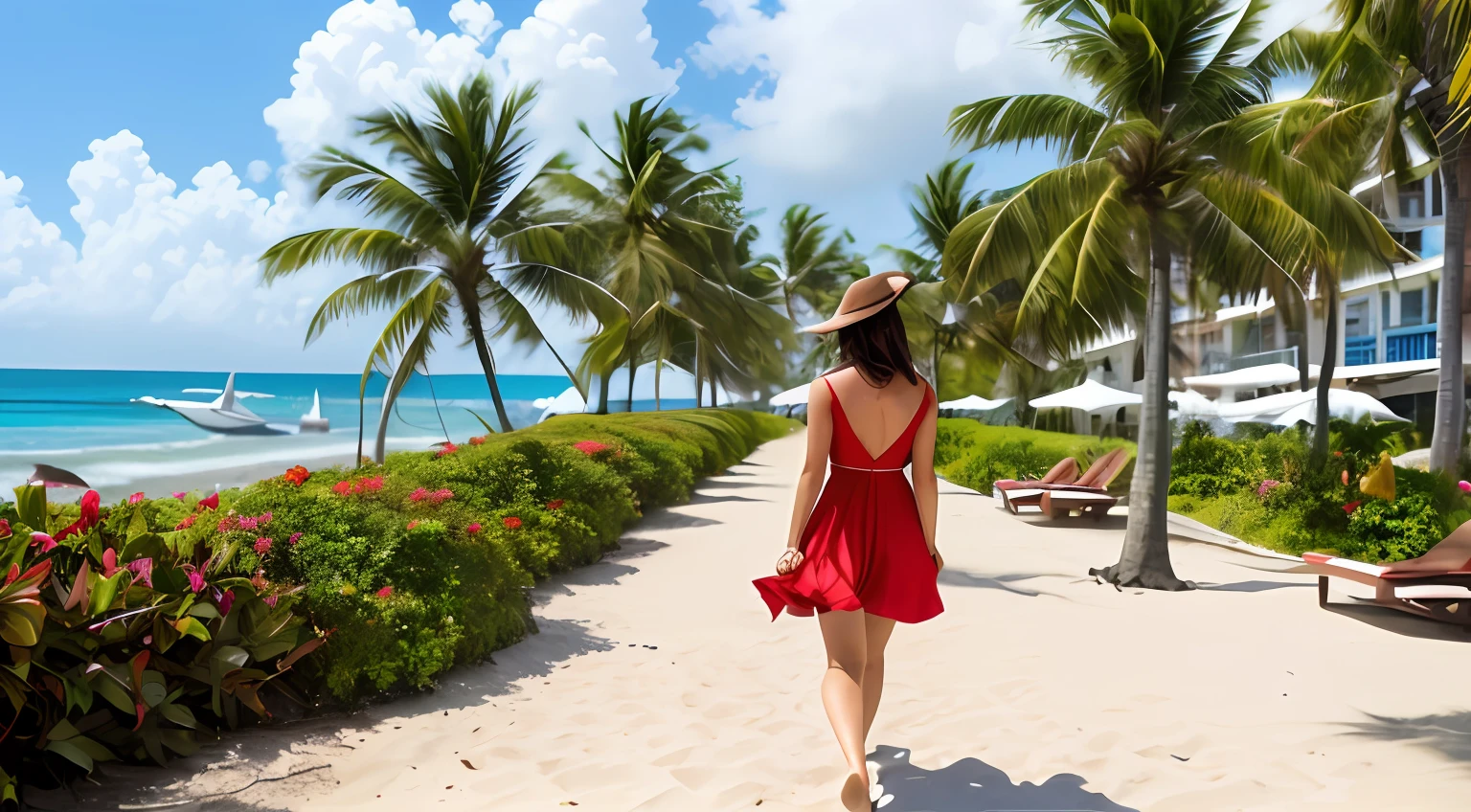 （RAW photos，best qualtiy），highdetailskin，exteriors，Breathtaking tropical beach views, sandbeach，seagulls，Coconut Tree，Recife，Beautiful asian woman，perfect bodies，short red dress，Take a walk by the sea，Face away from the camera，Turning around，独奏，Bare legs，long whitr hair， (Masterpiece), (Best quality), Highly detailed skin, insanely details, hdr, Sharp, Perfect focus, Bokeh, scenecy，photography of，Ultra photo realsisim，Prospect,