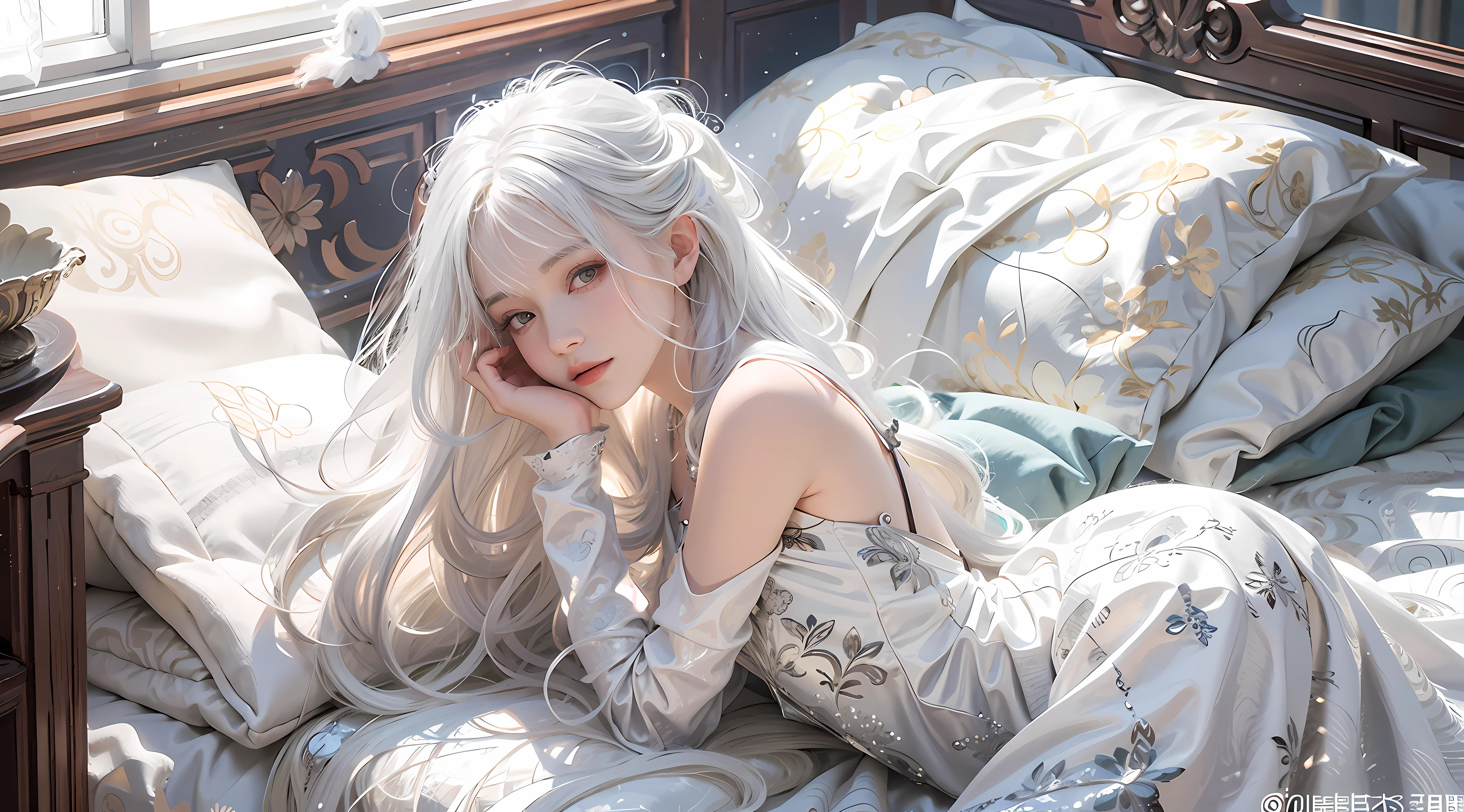 blond woman in a long dress laying on a bed with a pillow, with long white hair, white beautiful hair, with white long hair, girl silver hair, perfect white haired girl, flowing white hair, silver hair girl, white haired, silver white hair, girl with white hair, white-haired, cloud-like white hair, long flowing white hair, silver long hair
