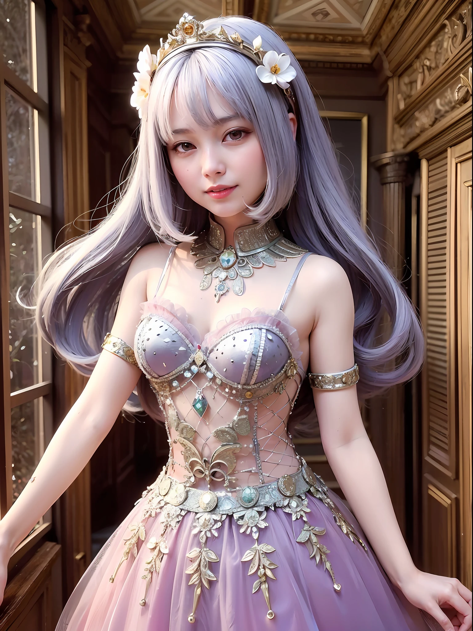 (dynamicposes:1.4)、 (dynamic ungle:1.4)、hyper detailed background、(inside in room:1.2)、((top-quality、8K、masterpiece:1.3))、1girl in、A smile、full body Esbian、Slim Faces、Pretty women、(Silvery hair:1.1)、hyperdetailed face、A detailed eye、二重まぶた、blured background、Slim Faces、Cute、extremely delicate and beautiful、A mischievous grinning face、Overall、ultra-detailliert、4K、masutepiece、small mouth、(Colossal tits)、(Formal Gowns、doress、drape、Sheer dresses:1.2)、hime-cut、Small smiling mouth、a small face、tiarra、