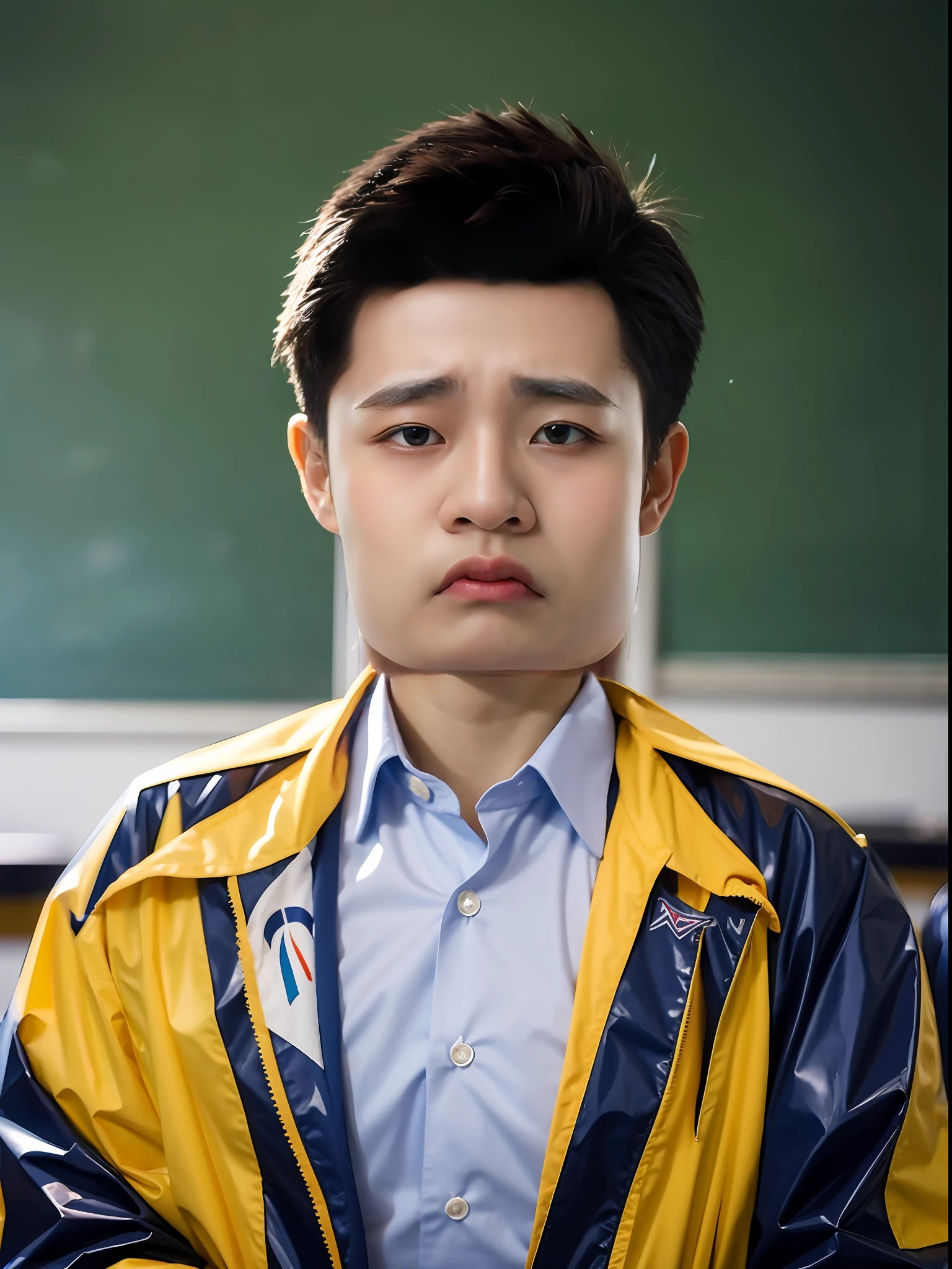 A Chinese high school boy,Standing in a classroom wearing a blue PVC school uniform