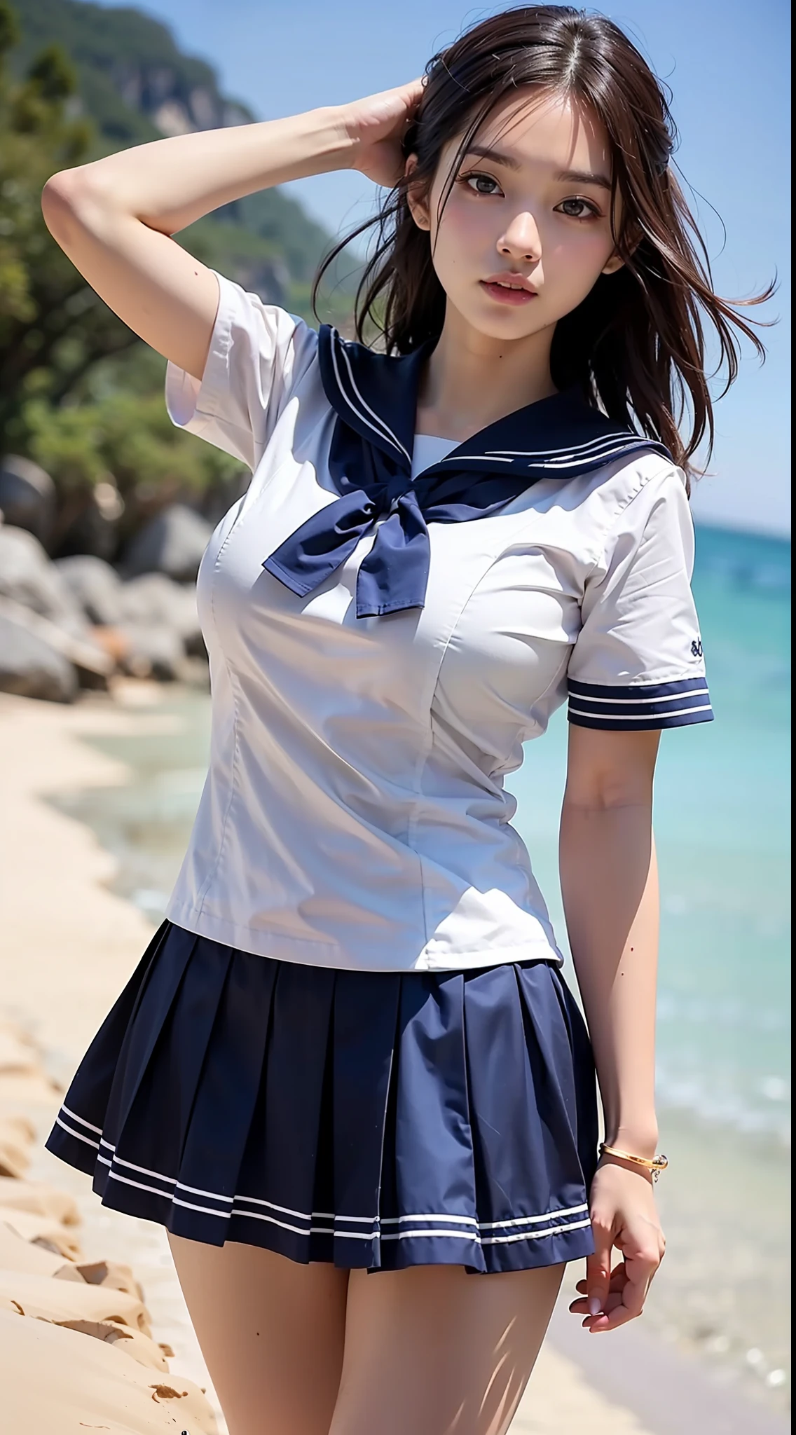 ((top-quality、8K、​masterpiece:1.3))、Beautiful woman with perfect body shape:1.4、((Brown hair、tits out:1.2))、Put your arms behind your head、(((Sailor suit with short sleeves、a miniskirt)))、On the beach、Highly detailed facial and skin texture、A detailed eye、二重まぶた