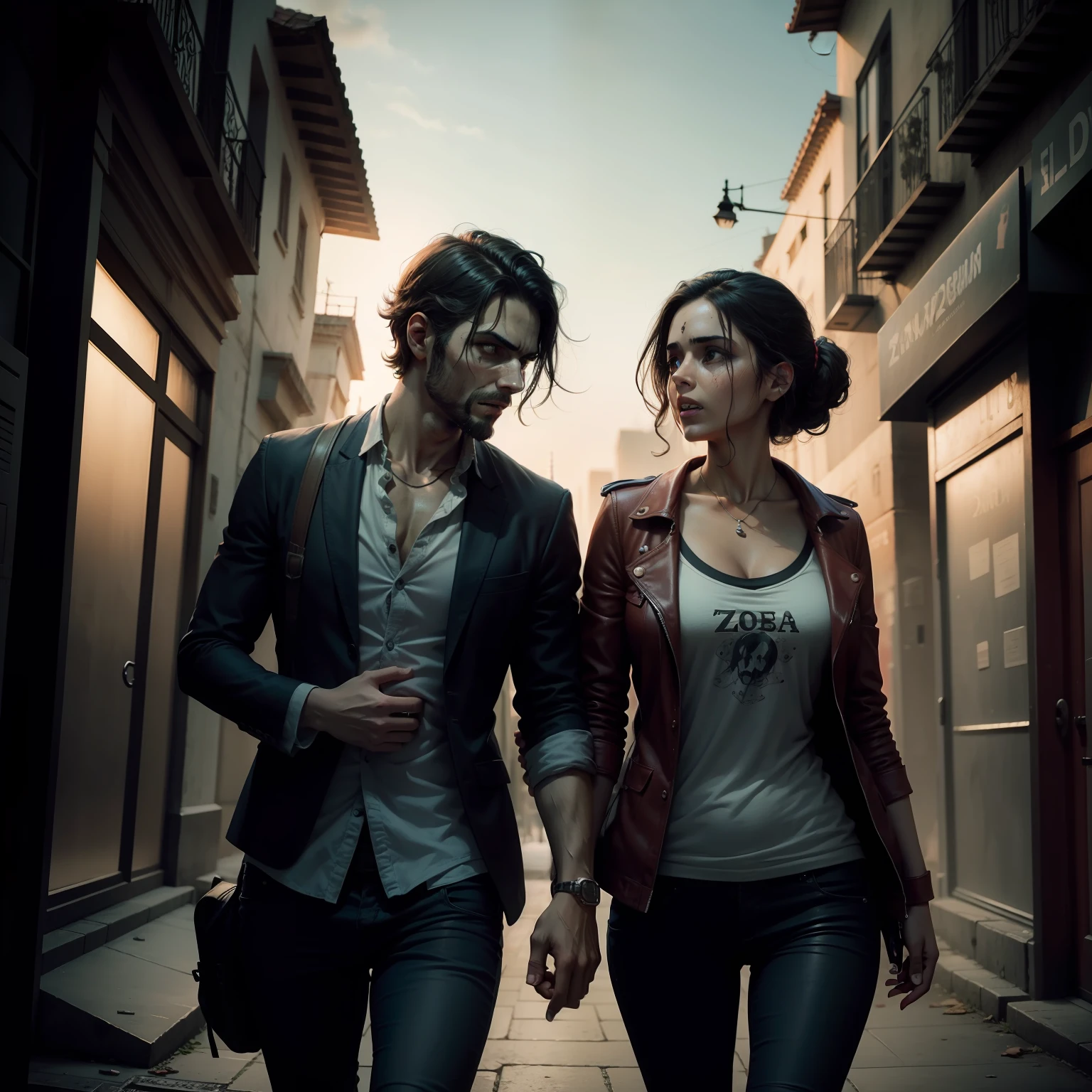 dos personas escapando de zombies