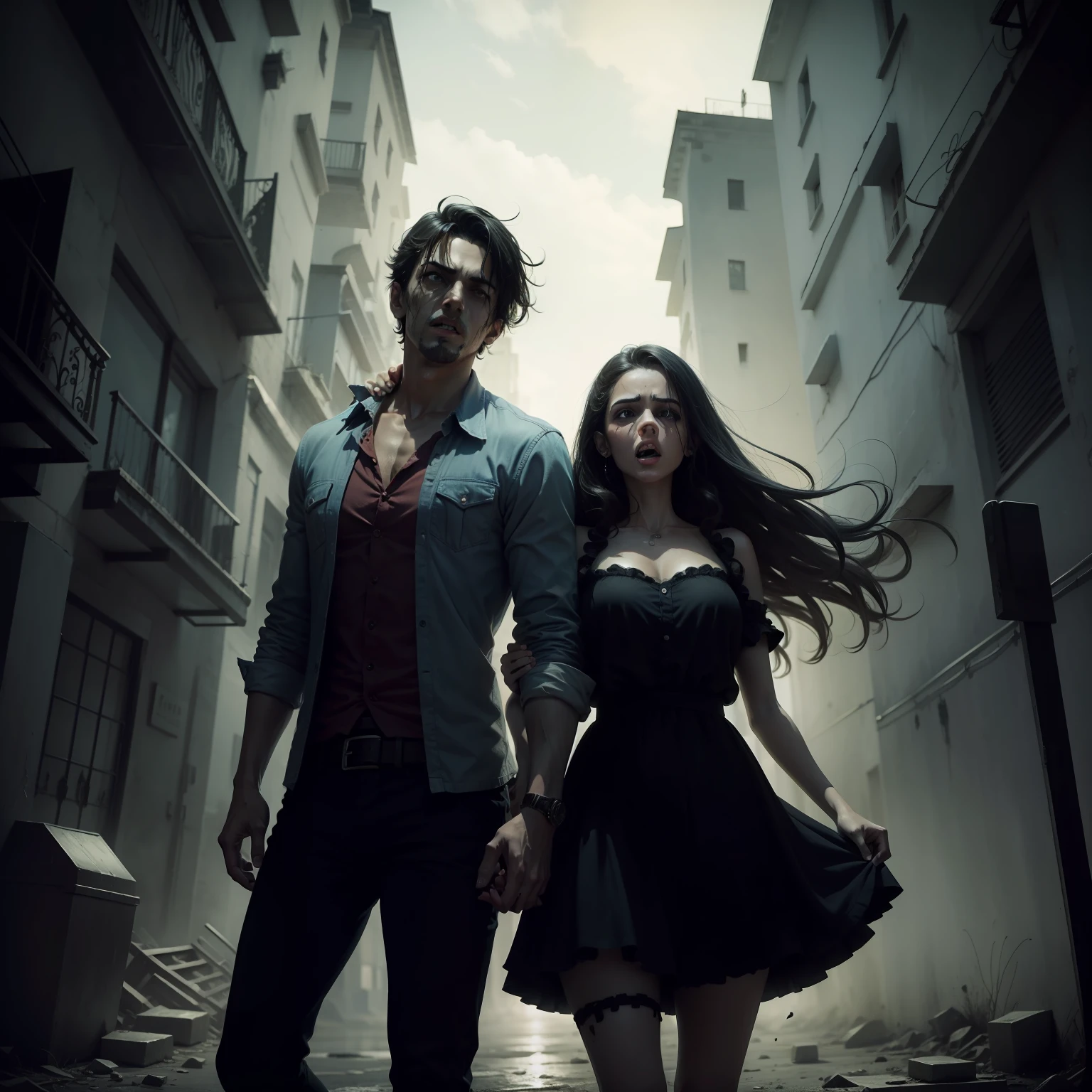dos personas escapando de zombies