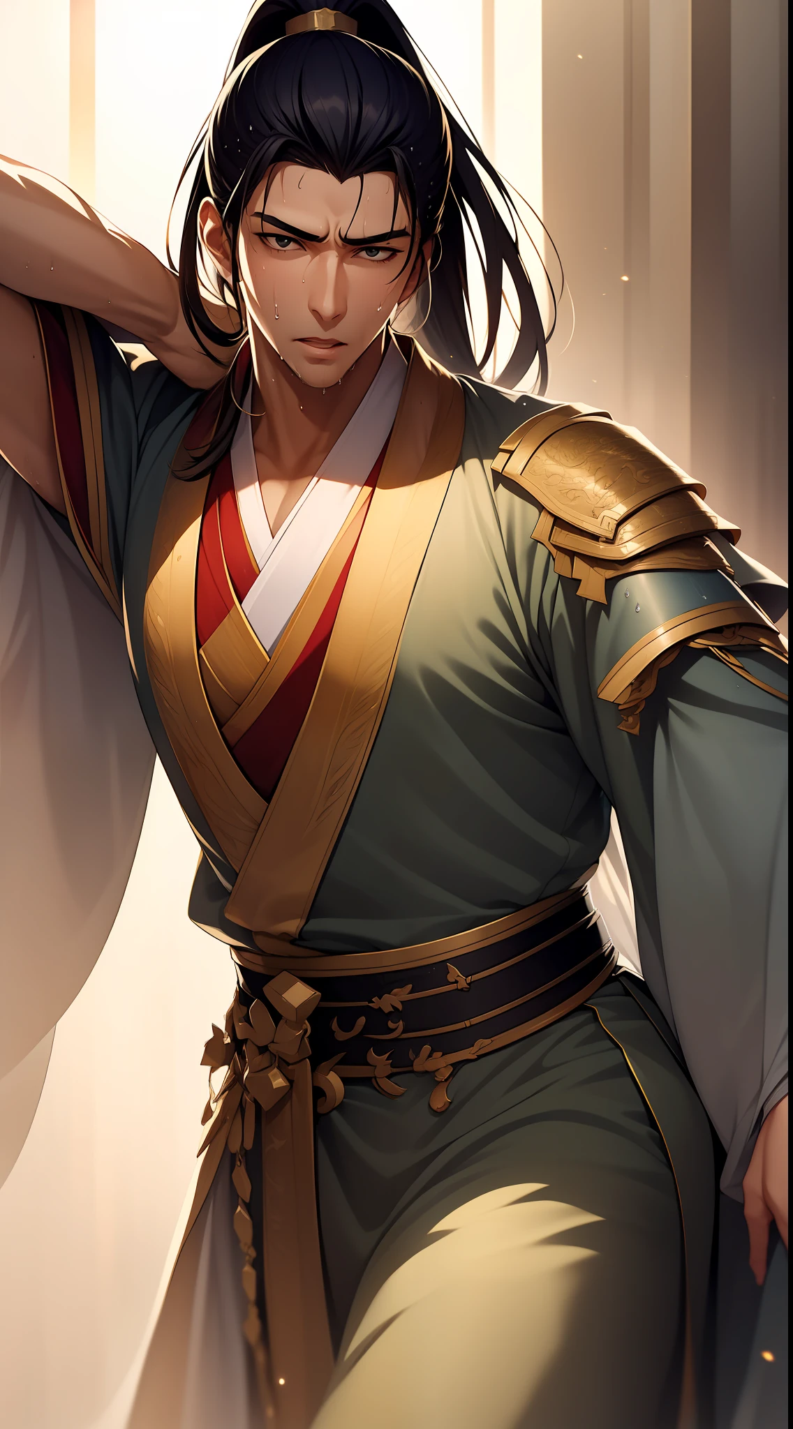 quadratic element,style of anime,mtu(Male Warrior),musculature,The proportions are correct,Face details,swordsmen,High ponytail hairstyle,perspired,Sweat on the face,drools,Neck details,There is an Adam's apple,Get wet,Drenched,white hanfu,kaftan,Embroidered robes,White robe,clothes details,Handing over,longer sleeves,Game quality,Swordsmanship,Light and shadow tracking,Ray traching,detailed glow,cg render,hair detail,cabelos preto e longos,Golden eyes,Sweat on the face,Handsome,Handsome,Beads of sweat slipped down my neck,(juvenile sense),Clothing is complicated,Drenched,Get wet,Perfectcomposition,Refinement,high qulity,higher details,Lots of details,The background is complex,a sense of atmosphere,