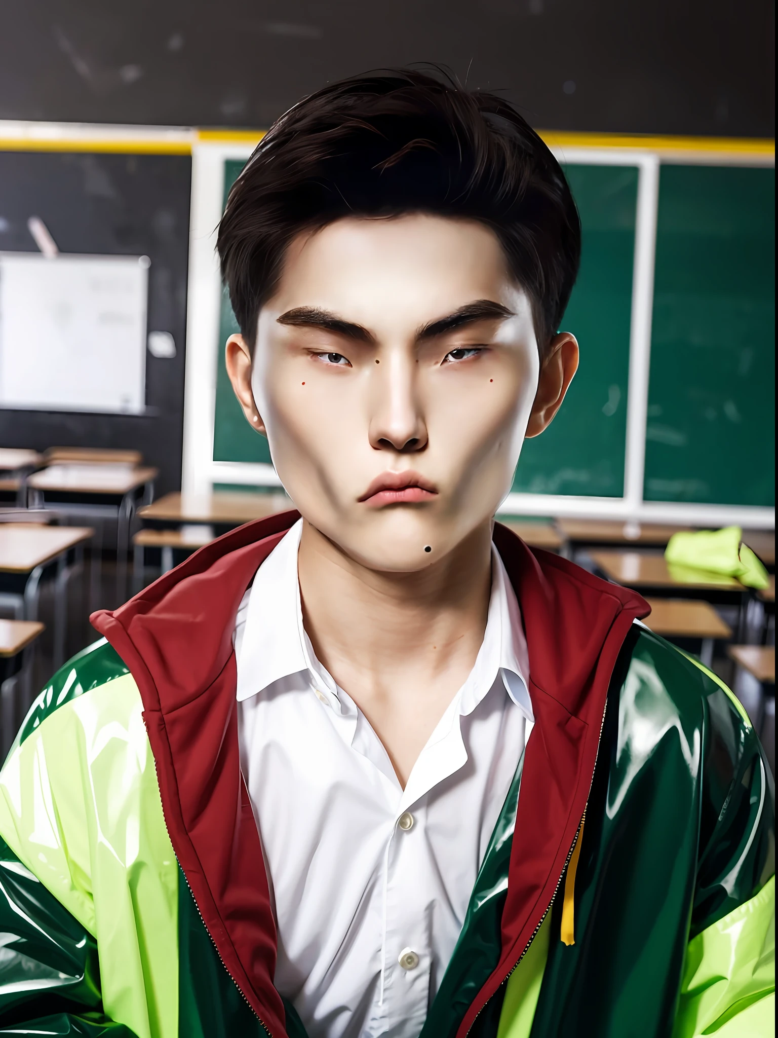 A Chinese high school boy，Standing in a classroom wearing a green PVC school uniform