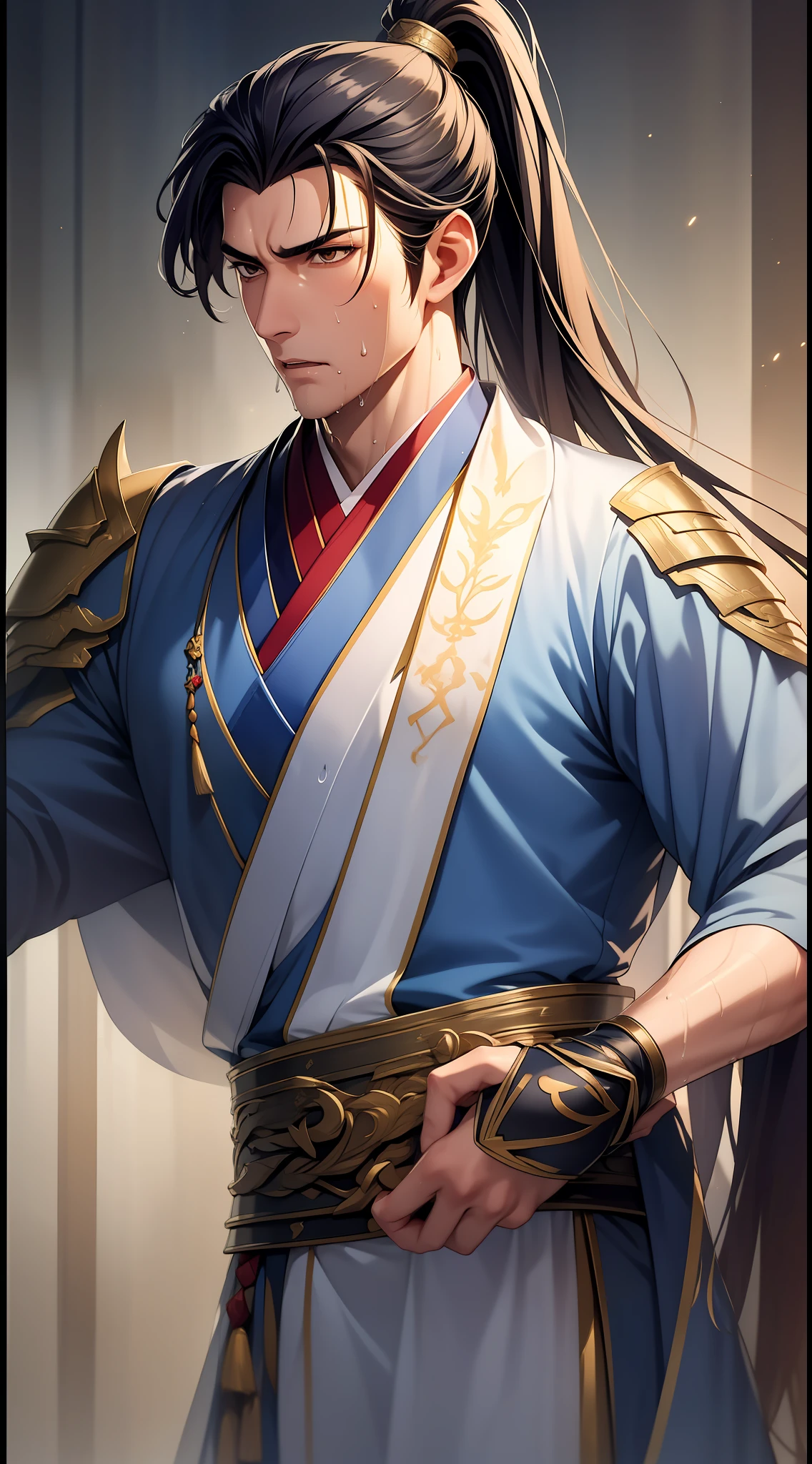 quadratic element,style of anime,mtu(Male Warrior),musculature,The proportions are correct,Face details,swordsmen,High ponytail hairstyle,perspired,Sweat on the face,drools,Neck details,There is an Adam's apple,Get wet,Drenched,white hanfu,kaftan,Embroidered robes,White robe,clothes details,Handing over,longer sleeves,Game quality,Swordsmanship,Light and shadow tracking,Ray traching,detailed glow,cg render,hair detail,cabelos preto e longos,Golden eyes,Sweat on the face,Handsome,Handsome,Beads of sweat slipped down my neck,(juvenile sense),Clothing is complicated,Drenched,Get wet,Perfectcomposition,Refinement,high qulity,higher details,Lots of details,The background is complex,a sense of atmosphere,