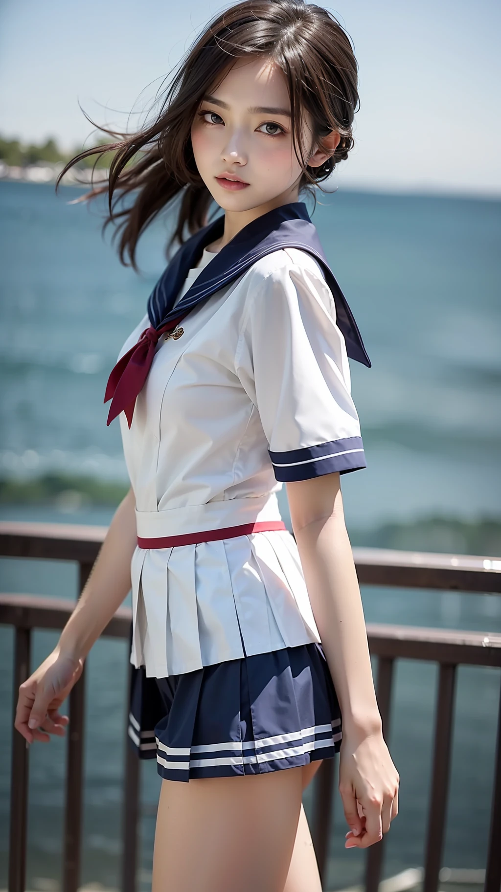 top-quality, masterpiece, Photorealsitic:1.4, High Detail RAW Color Photography, Skin Details, softlight, modeled, (((a sailor suit, a miniskirt))), senior, A sexy, extra detailed face, Highly detailed and expressive eyes