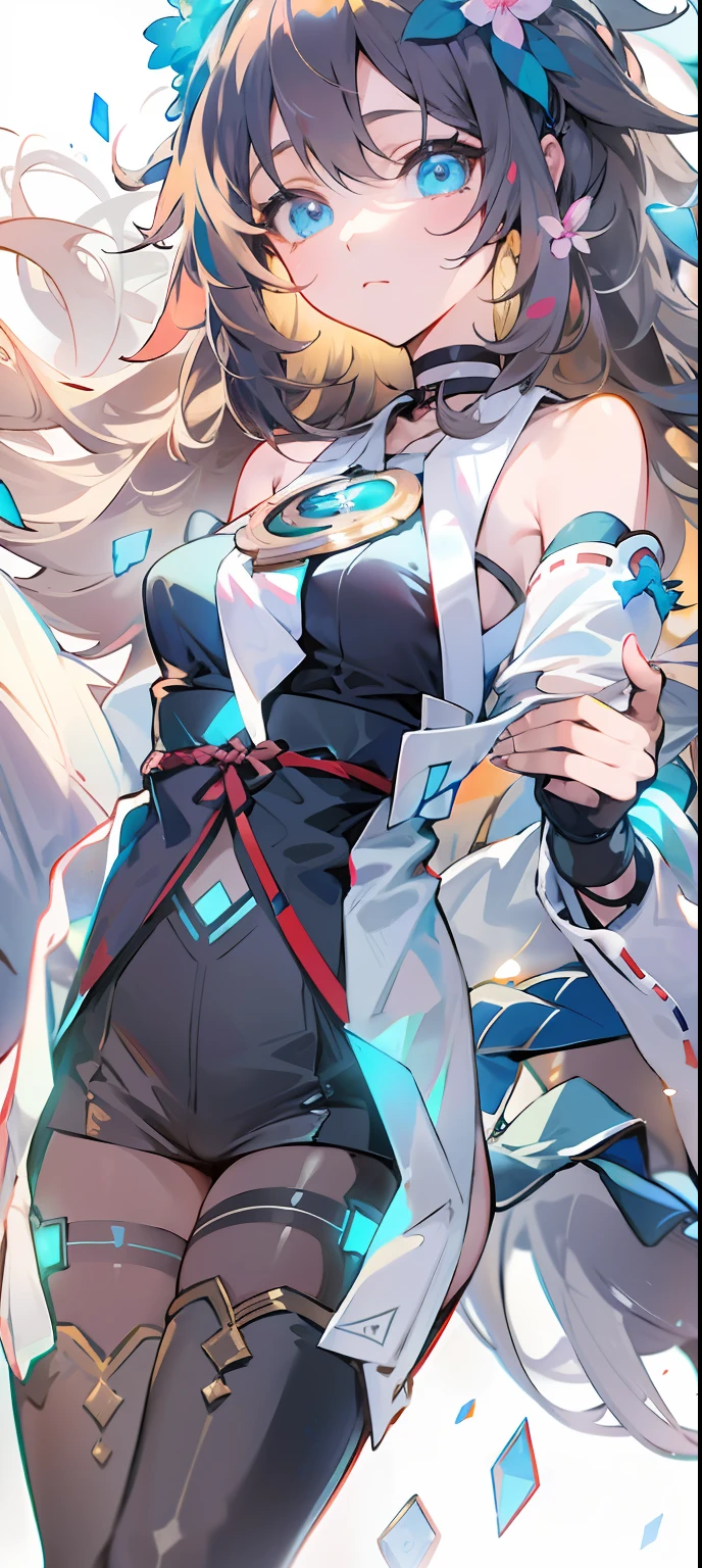 21charturnerv2,charturnbetalora,Shinkai sincerely,Kimi no Nava.,(fantasy:1.4), (azureblueeyes:1.233),Her eyes shone like dreamy stars,(Glowing eyes:1.233),(Beautiful and detailed eyes:1.1),(Black hair:1.14),(Messy hair,Very long hair,french braid,hair between eye,side locks), (+(bule hair flower:1.14)),(Detached sleeves,Wide sleeves),(Fingerless gloves),choker necklace,(miko thighhighs),high heels boots,(Expressionless,Closed mouth),(standing),Dreamy,soul,(Fluorescence), [[Delicate fingers and hands:0.55]::0.85],(Detail fingers),White background, full bodyesbian,Boolean themes,Golden background