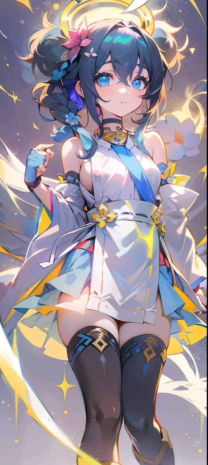 21charturnerv2,charturnbetalora,Shinkai sincerely,Kimi no Nava.,(fantasy:1.4), (azureblueeyes:1.233),Her eyes shone like dreamy stars,(Glowing eyes:1.233),(Beautiful and detailed eyes:1.1),(Black hair:1.14),(Messy hair,Very long hair,french braid,hair between eye,side locks), (+(bule hair flower:1.14)),(Detached sleeves,Wide sleeves),(Fingerless gloves),choker necklace,(miko thighhighs),high heels boots,(Expressionless,Closed mouth),(standing),Dreamy,soul,(Fluorescence), [[Delicate fingers and hands:0.55]::0.85],(Detail fingers),White background, full bodyesbian,Boolean themes,Golden background