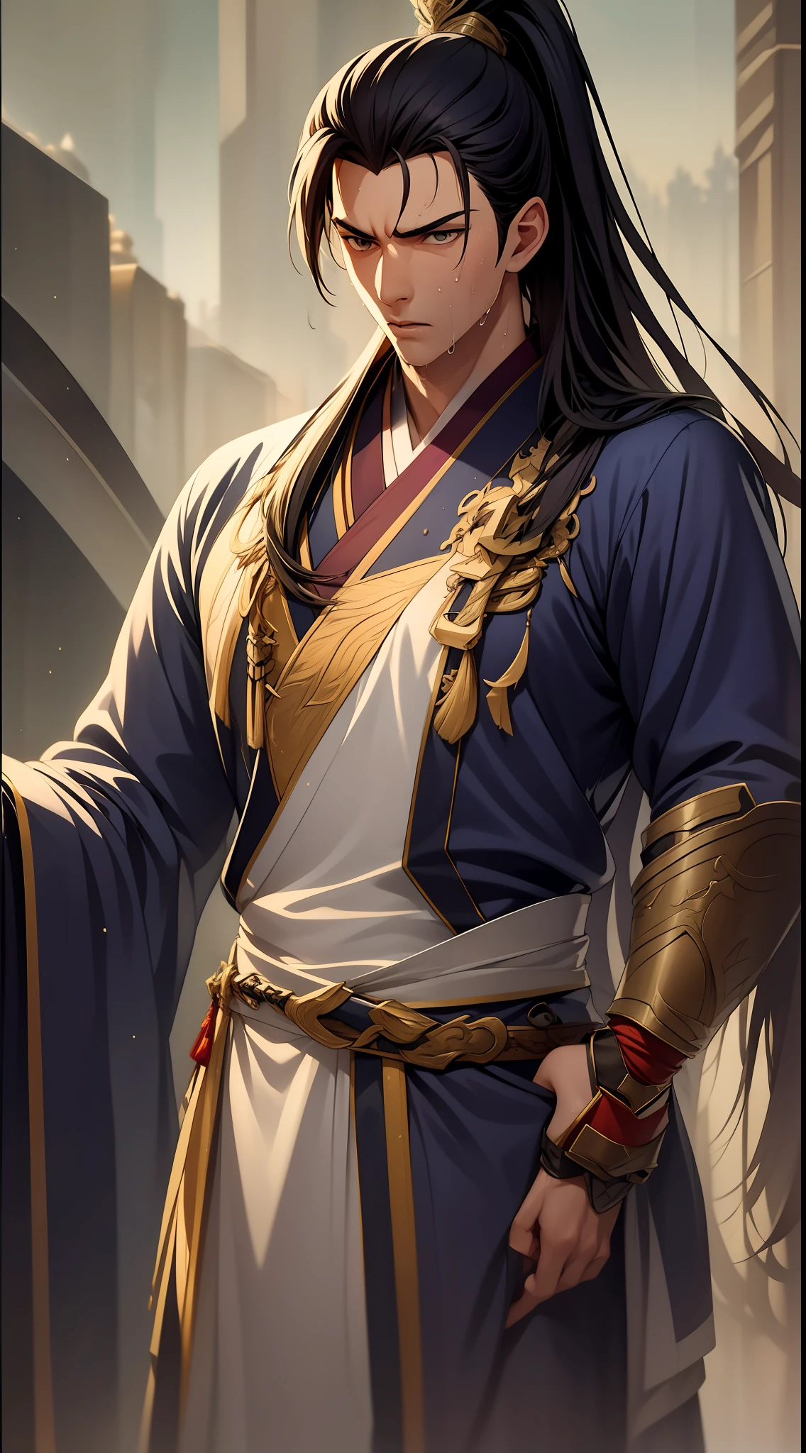quadratic element,style of anime,mtu(Male Warrior),musculature,The proportions are correct,Face details,swordsmen,High ponytail hairstyle,perspired,Sweat on the face,drools,Neck details,There is an Adam's apple,Get wet,Drenched,white hanfu,kaftan,Embroidered robes,White robe,clothes details,Handing over,longer sleeves,Game quality,Swordsmanship,Light and shadow tracking,Ray traching,detailed glow,cg render,hair detail,cabelos preto e longos,Golden eyes,Sweat on the face,Handsome,Handsome,Beads of sweat slipped down my neck,(juvenile sense),Clothing is complicated,Drenched,Get wet,Perfectcomposition,Refinement,high qulity,higher details,Lots of details,The background is complex,a sense of atmosphere,