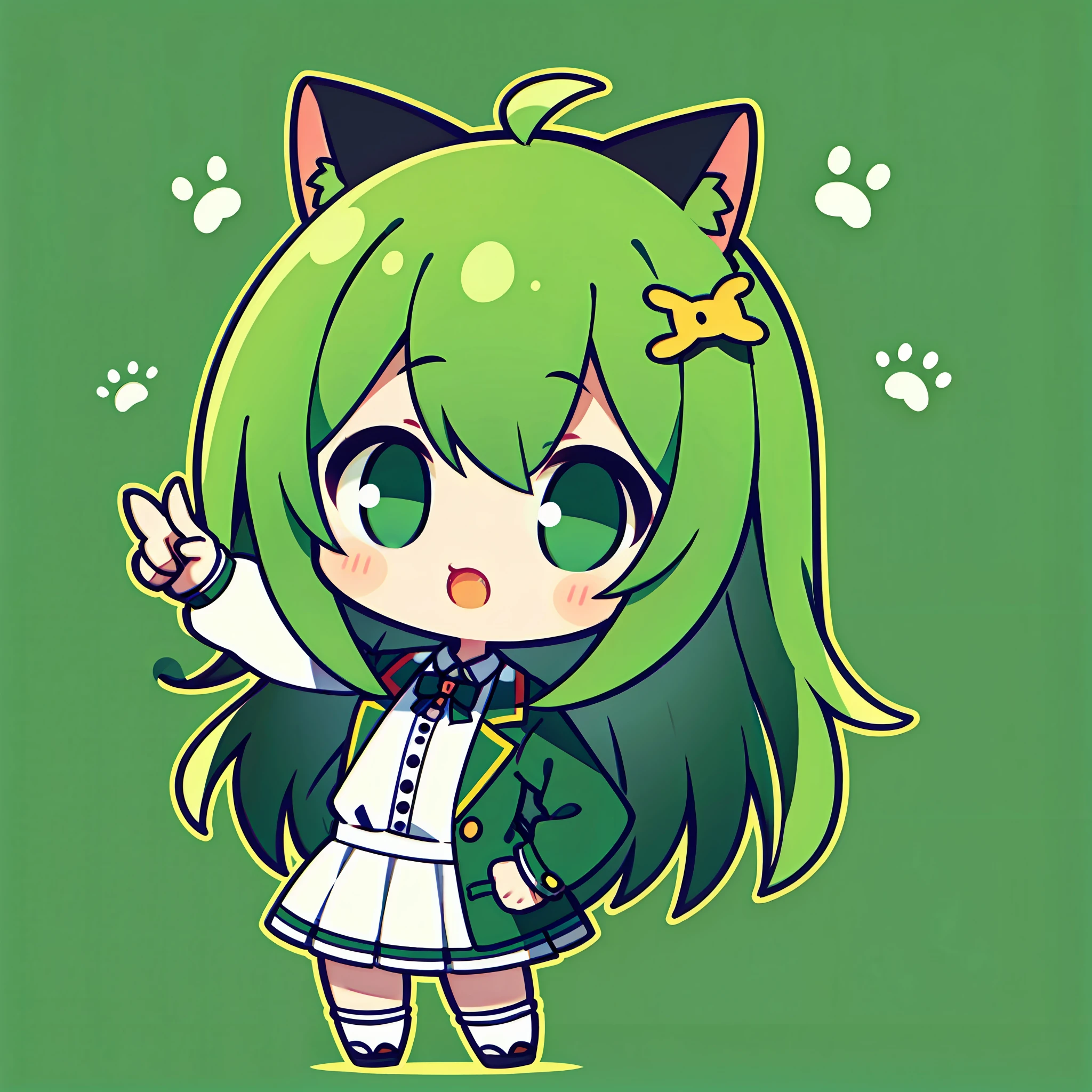 masterpiece, top-quality, Pointing finger、1girl in、Jade-colored jacket、cartoon bone、 Black cat ears,Chibi:1,Chibikyara, Green Hair Anime Girl, cowboy shot, Colorless plain background