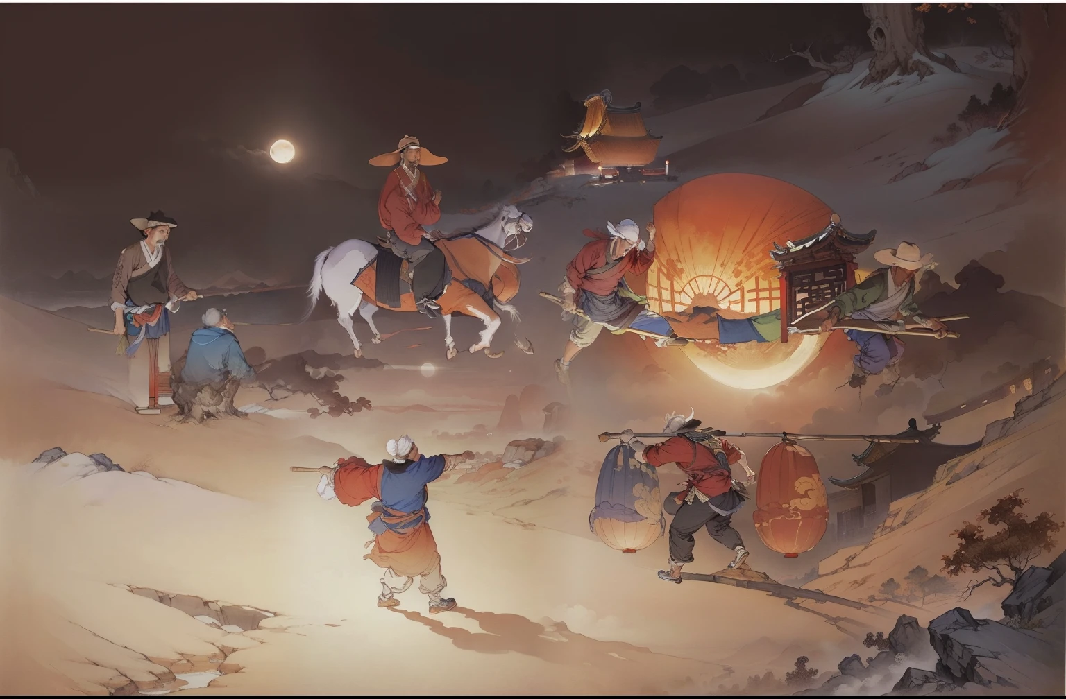 Ancient Chinese landscapes,Ancient buildings,Pavilions,Carved beams and paintings,enchanting scenery,Night,Moon light,Layered, Rich light and shadow,Mid-Autumn Festival, Ink painting style,clean color,Low-saturation colors,Colors of low brightness,Decisive cut,Leave white space,impressionistic,tmasterpiece,ultra - detailed,Epic composition, HighestQuali,hyper realisitc,Art germ --v 6