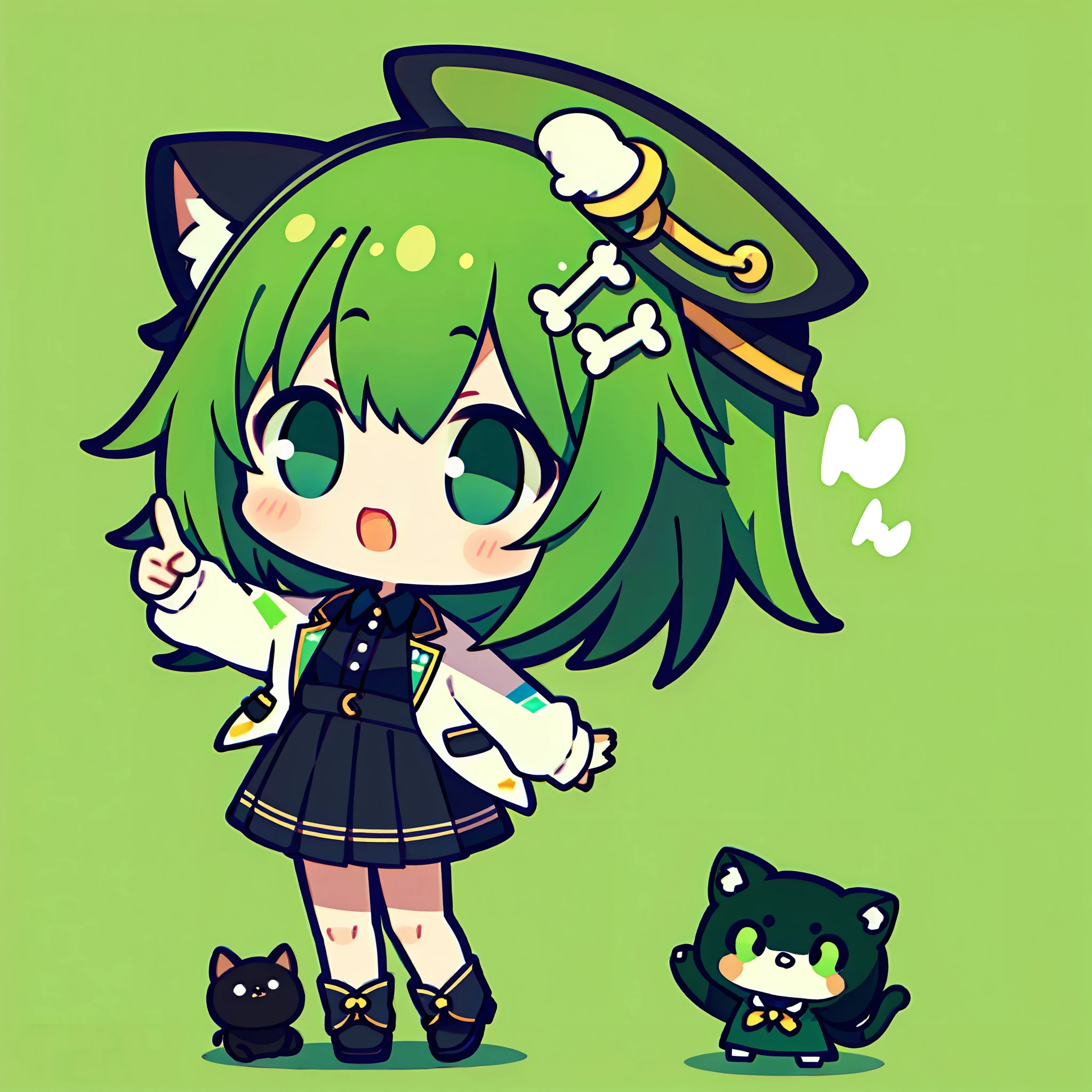 ​masterpiece, top-quality,   Pointing finger、1girl in、Jade-colored jacket、cartoon bone、 Black cat ears,Chibi:1,Chibikyara, Green Hair Anime Girl, cowboy  shot, Colorless plain background