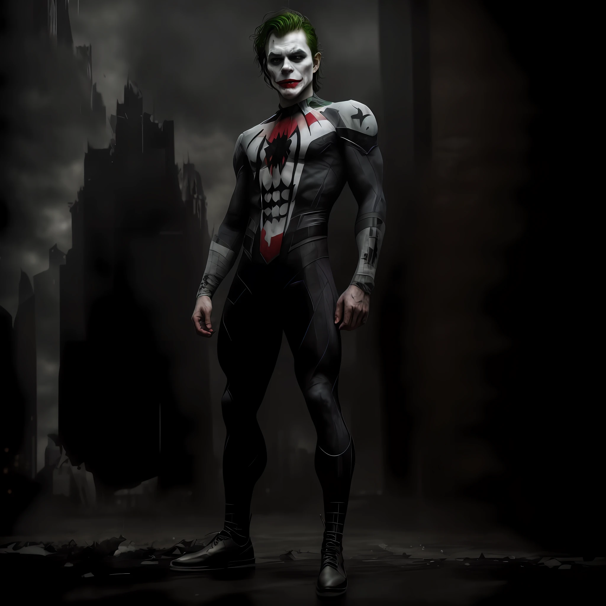 dark and gloomy, hyper realism, 8k, a close up photo of the joker , perfect eyes, lifelike texture, dynamic composition, Fujifilm XT2, 85mm F1.2, 1/80 shutter speed, (bokeh), high contrast, gotham city background