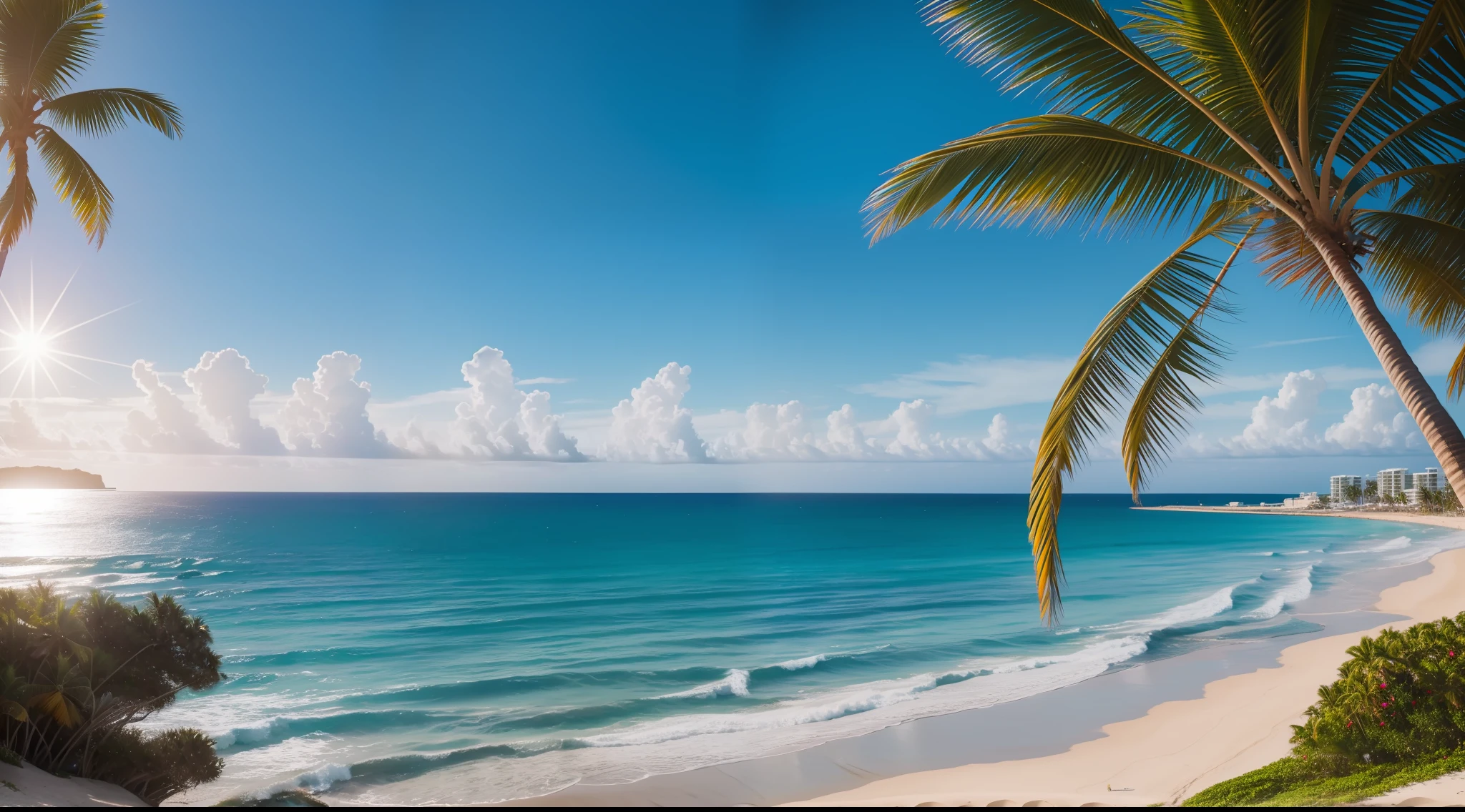Beach view, palm trees, sparkling sea, photography, masterpiece, highres, insanely details.