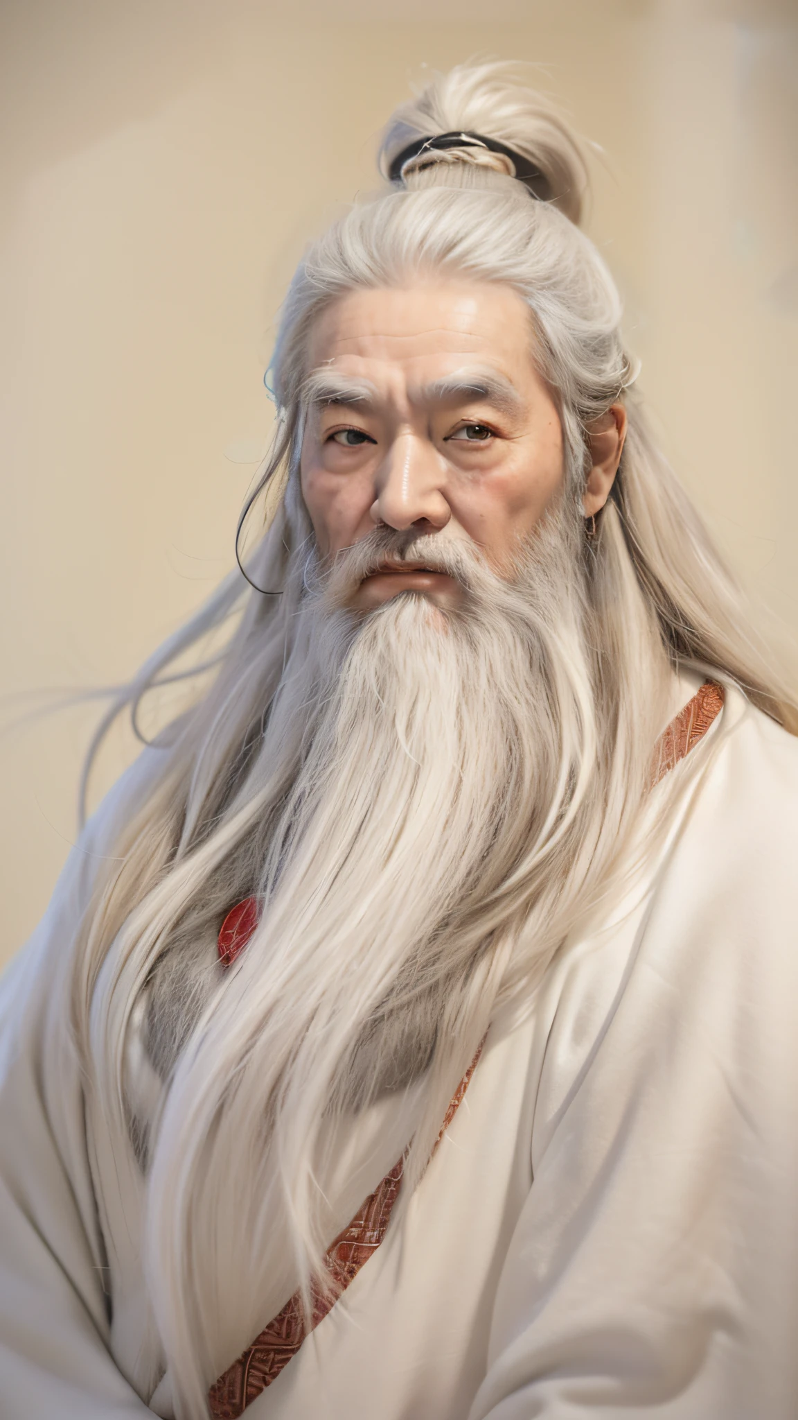 Old man of ancient China,Majestic and majestic,Long hair shawl,The hair and beard are snow-white,Dressed in white,There are wrinkles on the forehead,The eyes are shrewd and sharp,Thick chubby body,heavy breath,The eyes are big。statue,Front view,