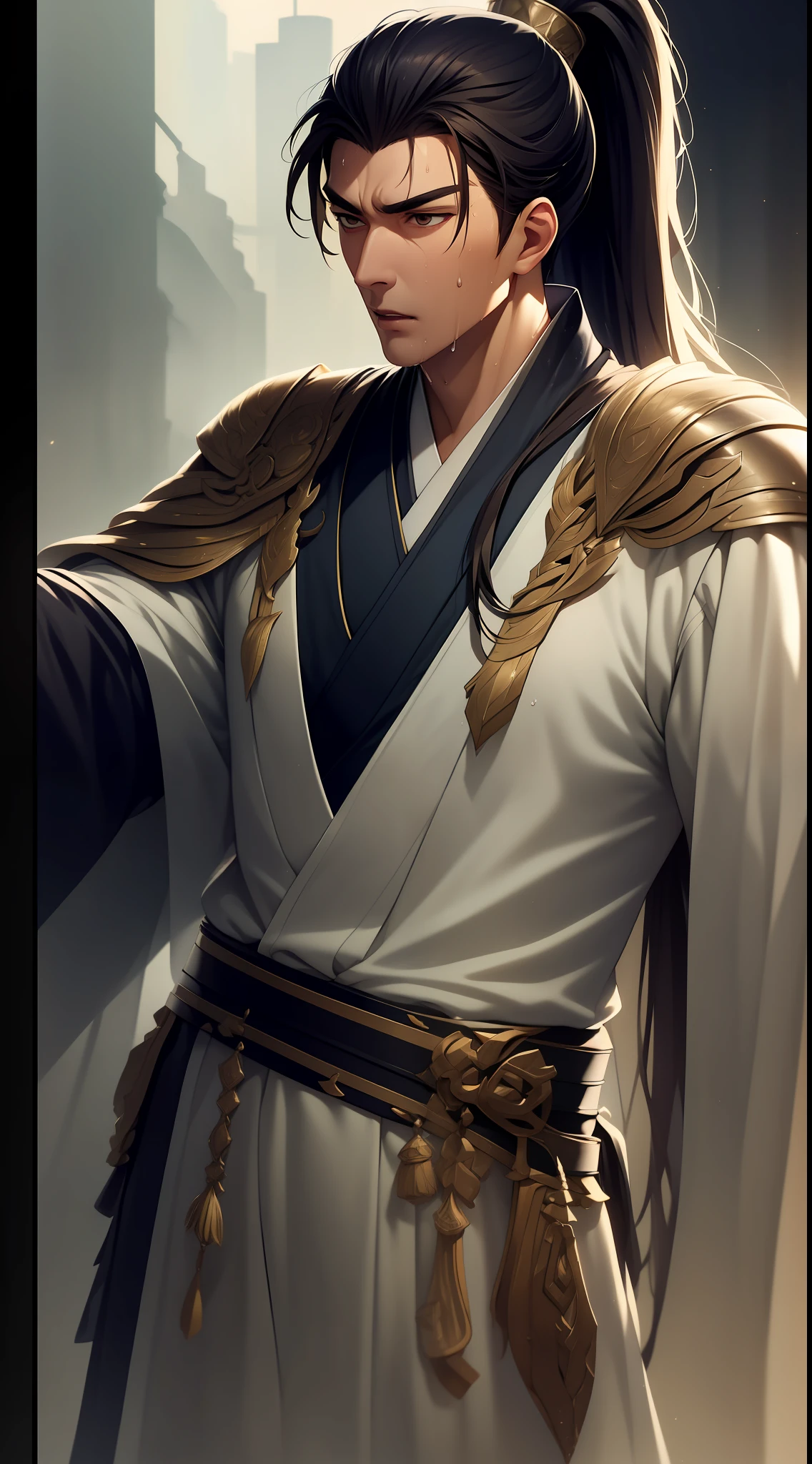 quadratic element,style of anime,mtu(Male Warrior),musculature,The proportions are correct,Face details,swordsmen,High ponytail hairstyle,perspired,Sweat on the face,drools,Neck details,There is an Adam's apple,Get wet,Drenched,white hanfu,kaftan,Embroidered robes,White robe,clothes details,Handing over,longer sleeves,Game quality,Swordsmanship,Light and shadow tracking,Ray traching,detailed glow,cg render,hair detail,cabelos preto e longos,Golden eyes,Sweat on the face,Handsome,Handsome,Beads of sweat slipped down my neck,(juvenile sense),Clothing is complicated,Drenched,Get wet,Perfectcomposition,Refinement,high qulity,higher details,Lots of details,The background is complex,a sense of atmosphere,