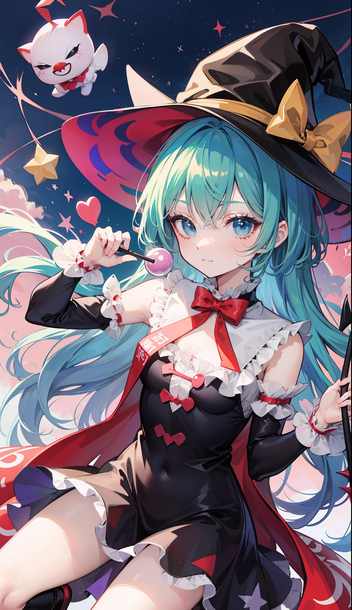 a cartoon girl with a clown hat and a wand and a candy, touhou character, from touhou, touhou, touhou project, cutecore clowncore, magical girl, black magician girl, [ conceptual art ]!!, [[[[grinning evily]]]], magical girl anime mahou shojo, witch girl，Clothes with Flag of the United States pattern，Clownpiece