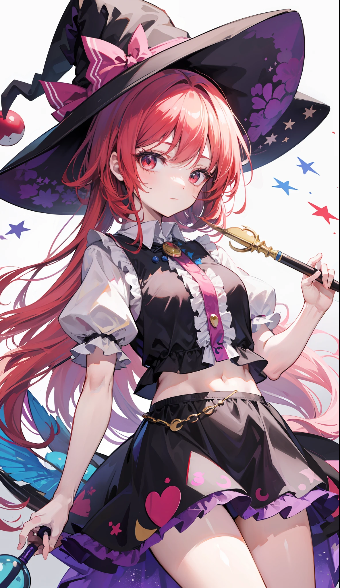 a cartoon girl with a clown hat and a wand and a candy, touhou character, from touhou, touhou, touhou project, cutecore clowncore, magical girl, black magician girl, [ conceptual art ]!!, [[[[grinning evily]]]], magical girl anime mahou shojo, witch girl，Clothes with Flag of the United States pattern，Clownpiece