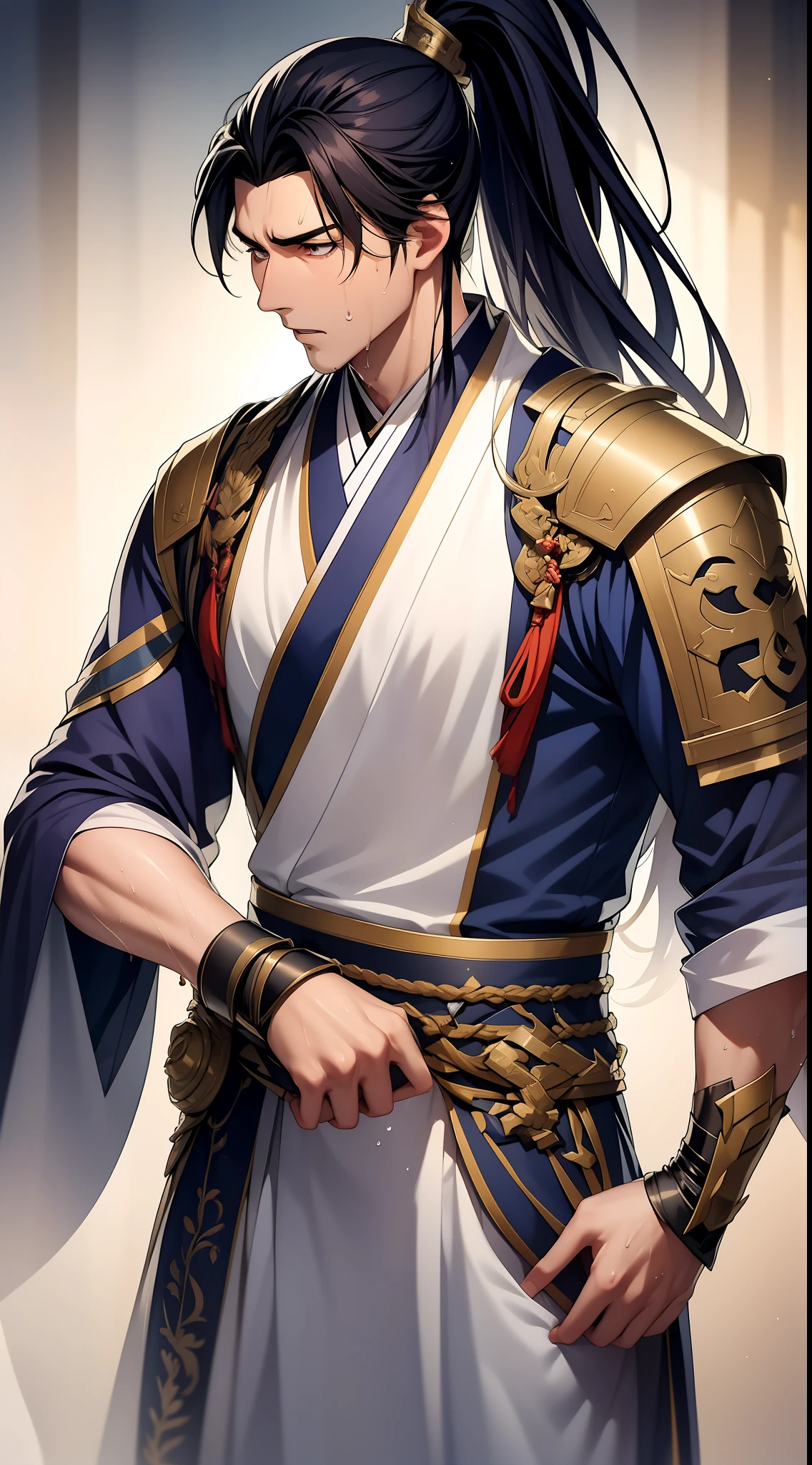 quadratic element，style of anime，mtu（Male Warrior），musculature，The proportions are correct，Face details，swordsmen，High ponytail hairstyle，perspired，Sweat on the face，drools，Neck details，There is an Adam's apple，Get wet，Drenched，white hanfu，kaftan，Embroidered robes，White robe，clothes details，Handing over，longer sleeves，Game quality，Swordsmanship，Light and shadow tracking，Ray traching，detailed glow，cg render，hair detail，cabelos preto e longos，Golden eyes，Sweat on the face，Handsome，Handsome，Beads of sweat slipped down my neck，（juvenile sense），Clothing is complicated，Drenched，Get wet，Perfectcomposition，Refinement，high qulity，higher details，Lots of details，The background is complex，a sense of atmosphere，