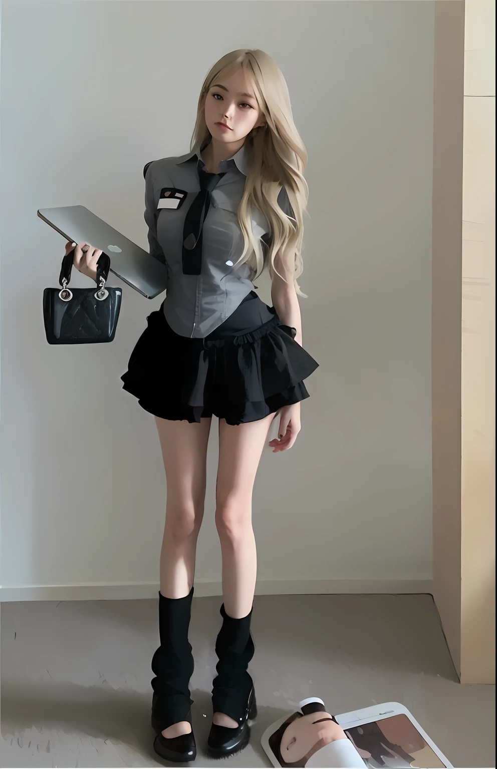 There was a woman holding a bag and a laptop, Outfit: puff, JK school uniform, Coveralls, mini-skirts, wearing jacket and skirt, girl in uniform, full body cute young lady, full-body xianxia, 2 4 year old female model, short miniskirt, photo of slim girl model, Miniskirt, intriguing outfit
