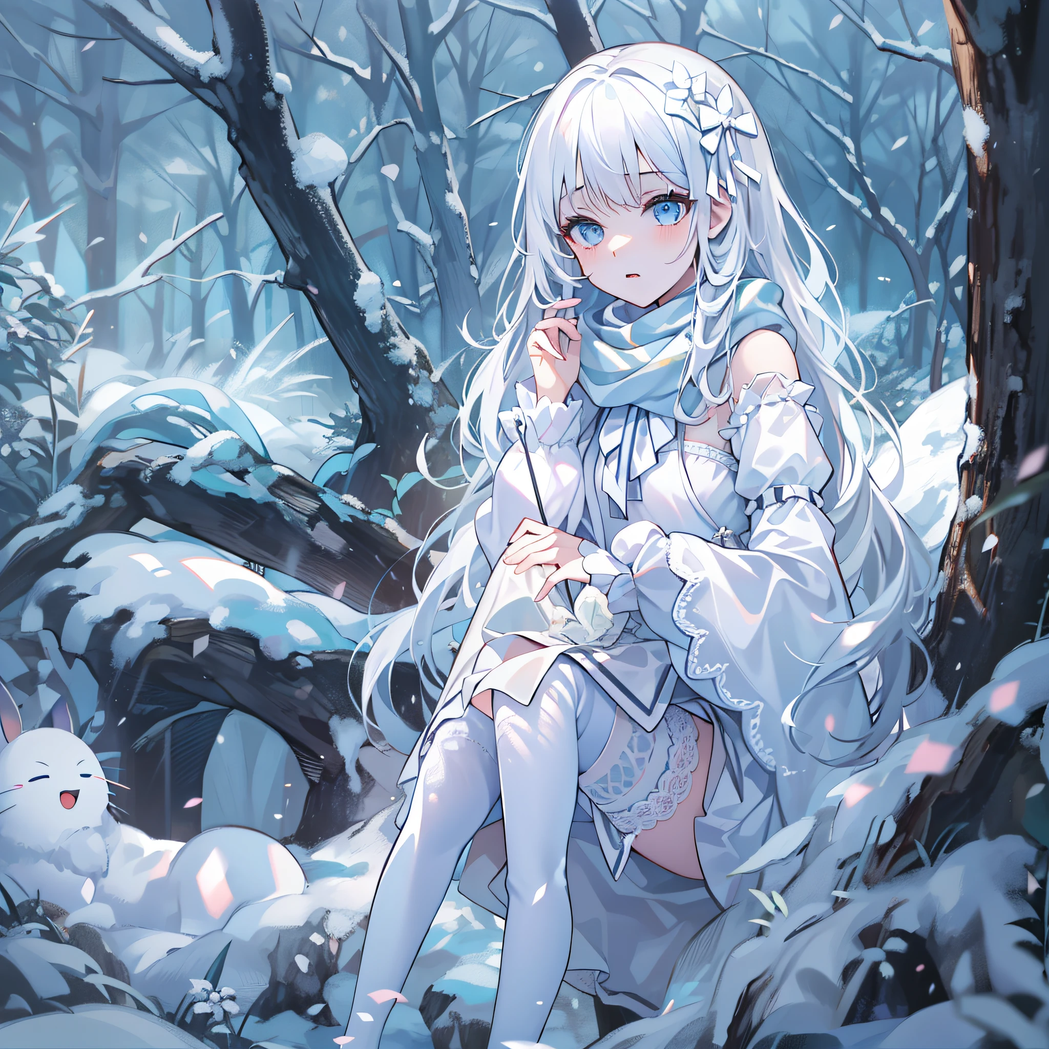 Light blue eyes，Princess cut，whaite hair，White thigh boots，White Gothololita，White over-the-knee stockings，white bows，Full body like，sweeping bangs，Semi-closed Eyes，Long white scarf，ln the forest，the night，at winter season，tmasterpiece，4K，Award-winning photos，extremely detaile，finely detailled，Highly detailed woman，teens girl，Extremely detailed eyes and face，best qualtiy，Indifferent expression，standing on your feet