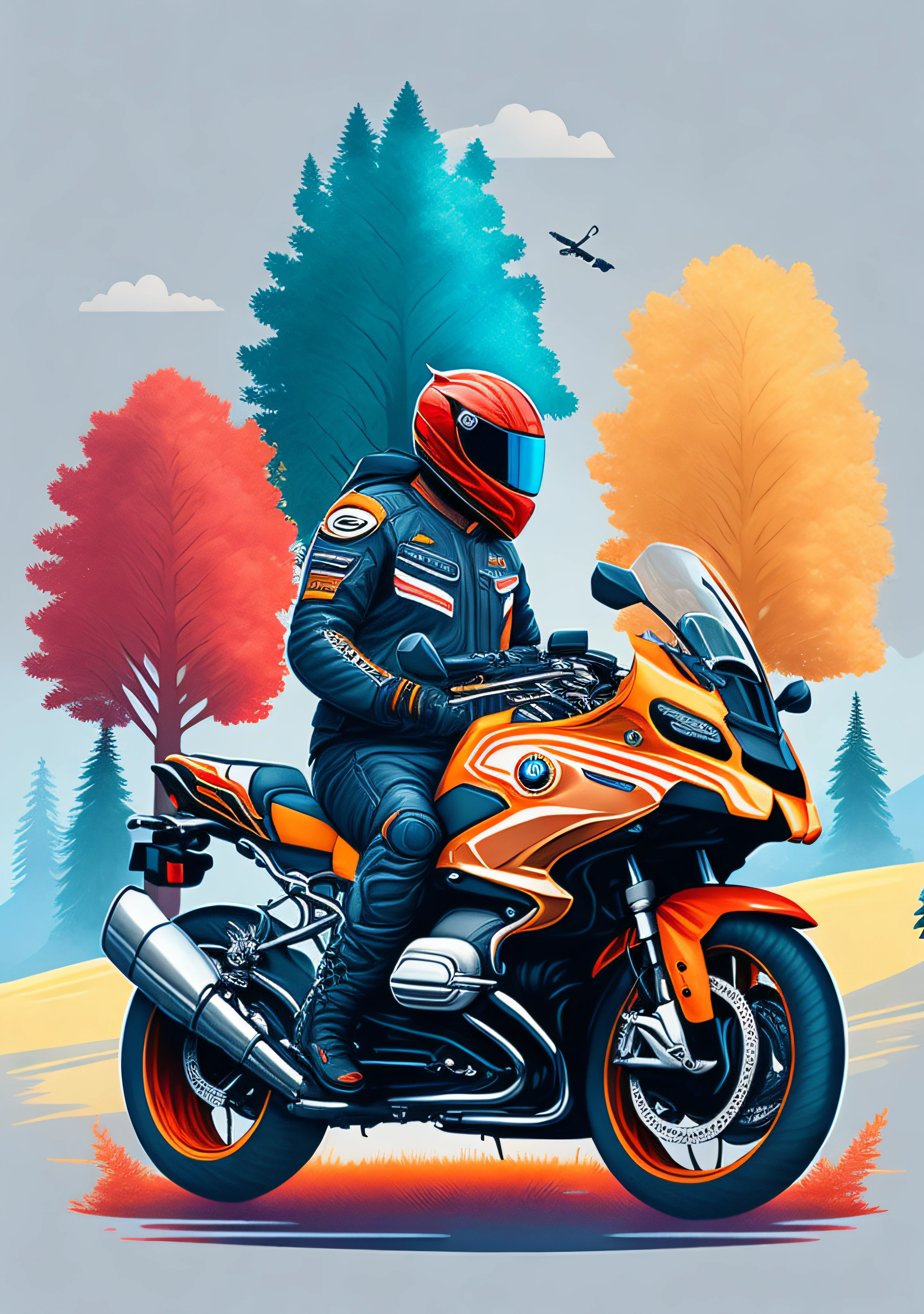 a touring BMW motorcycle between a spruice tree in a summer landscape, tshirt design, rzminjourney, vector-art, a biker stand beside motorcycle with colour motor suit, a bear is far,