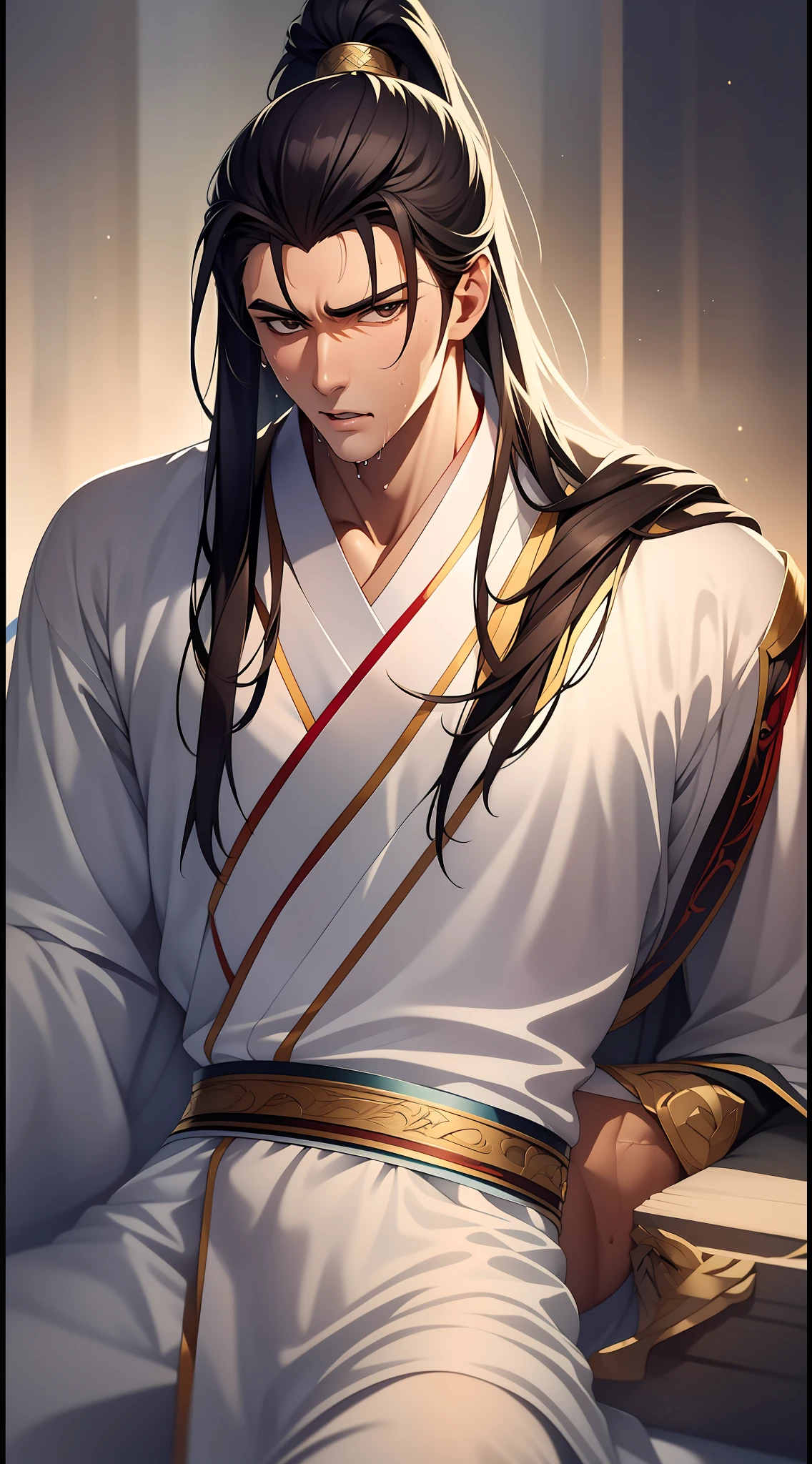 quadratic element,style of anime,mtu(Male Warrior),musculature,The proportions are correct,Face details,swordsmen,High ponytail hairstyle,perspired,Sweat on the face,drools,Neck details,There is an Adam's apple,Get wet,Drenched,white hanfu,kaftan,Embroidered robes,White robe,clothes details,Handing over,longer sleeves,Game quality,Swordsmanship,Light and shadow tracking,Ray traching,detailed glow,cg render,hair detail,cabelos preto e longos,Golden eyes,Sweat on the face,Handsome,Handsome,Beads of sweat slipped down my neck,(juvenile sense),Clothing is complicated,Drenched,Get wet,Perfectcomposition,Refinement,high qulity,higher details,Lots of details,The background is complex,a sense of atmosphere,
