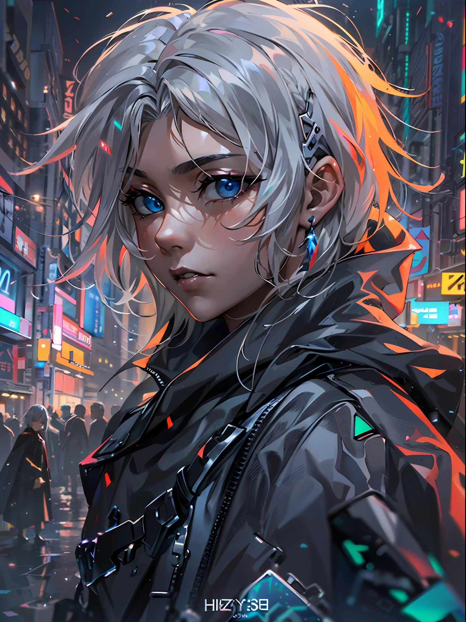 cyber punk perssonage ,A male,fansty world,tokyo background,Clean design,Epic Instagram,art stations,Colorful paint splashes,contours,Hyper-detailed intricate details,unreal-engine,(Futuristic fantasy:1.3),(holographic projections:1.2),(cyber punk style:1.3),Complicated details,splash image,complementary colours,fantasy concept art,8K分辨率,A masterpiece of deviantart,oil painted,Heavy strokes,paint drips,(Isolate on a white background:1.3),Rainbow skins,(((A handsome young))), (glow blue eyes), ((Eyes have light)),((((Short gray hair:1.1))), ((black-clad)), (prinz\\(Indifferent expression\\),, (((Wearing a luxurious black robe with high details))), A head of white hair,(chest muscle) ,looking at viewert --v 6