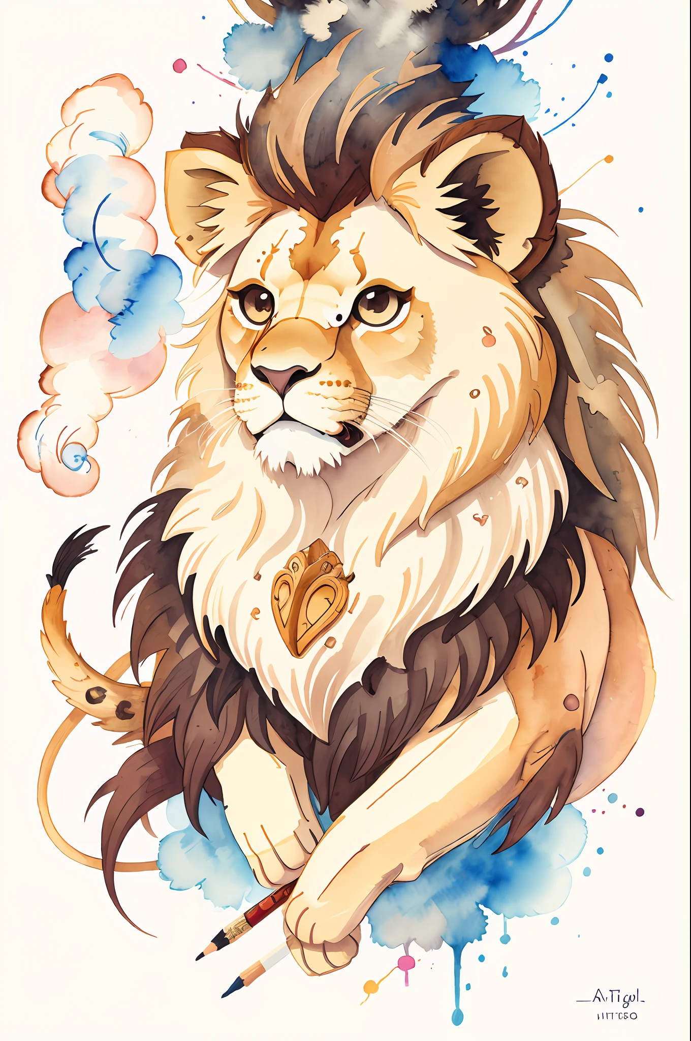"Create a cute lion head clipart with smokes, showcasing intricate details and a blend of pencil drawing and watercolor painting. The artwork should have an abstract style, resembling a masterpiece of the highest quality. Check out similar works on artstation for inspiration."