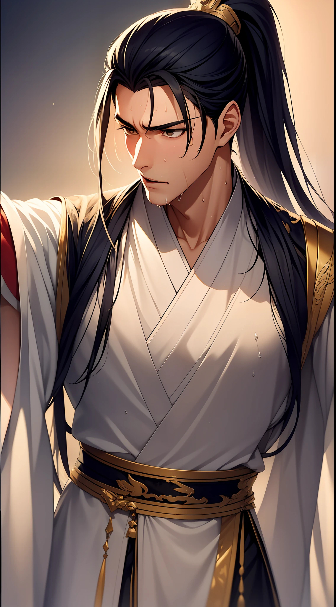 quadratic element,style of anime,mtu(Male Warrior),musculature,The proportions are correct,Face details,swordsmen,High ponytail hairstyle,perspired,Sweat on the face,drools,Neck details,There is an Adam's apple,Get wet,Drenched,white hanfu,kaftan,Embroidered robes,White robe,clothes details,Handing over,longer sleeves,Game quality,Swordsmanship,Light and shadow tracking,Ray traching,detailed glow,cg render,hair detail,cabelos preto e longos,Golden eyes,Sweat on the face,Handsome,Handsome,Beads of sweat slipped down my neck,(juvenile sense),Clothing is complicated,Drenched,Get wet,Perfectcomposition,Refinement,high qulity,higher details,Lots of details,The background is complex,a sense of atmosphere,