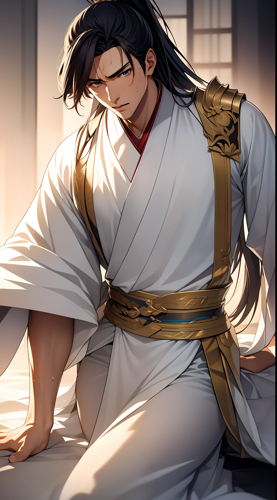 quadratic element，style of anime，mtu（Male Warrior），musculature，The proportions are correct，Face details，swordsmen，High ponytail hairstyle，perspired，Sweat on the face，drools，Neck details，There is an Adam's apple，Get wet，Drenched，white hanfu，kaftan，Embroidered robes，Black robe，clothes details，Handing over，longer sleeves，Game quality，Swordsmanship，Light and shadow tracking，Ray traching，detailed glow，cg render，hair detail，cabelos preto e longos，Golden eyes，Sweat on the face，Handsome，Handsome，Beads of sweat slipped down my neck，（juvenile sense），Clothing is complicated，Drenched，Get wet，Perfectcomposition，Refinement，high qulity，higher details，Lots of details，The background is complex，a sense of atmosphere，