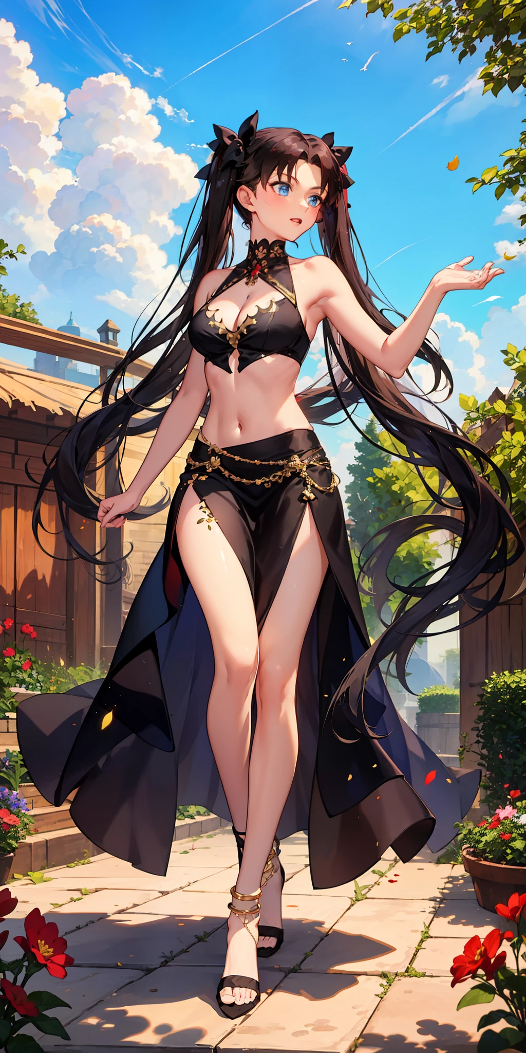 long hair, black hair, medium breast, slim legs, happy, bluish gown, cleavage, arabian belly dancer , short skirt, rin tohsaka, twin tail, navel, garden, blue eyes, tiara, standing, thigh high socks, sunlight, shoulderless