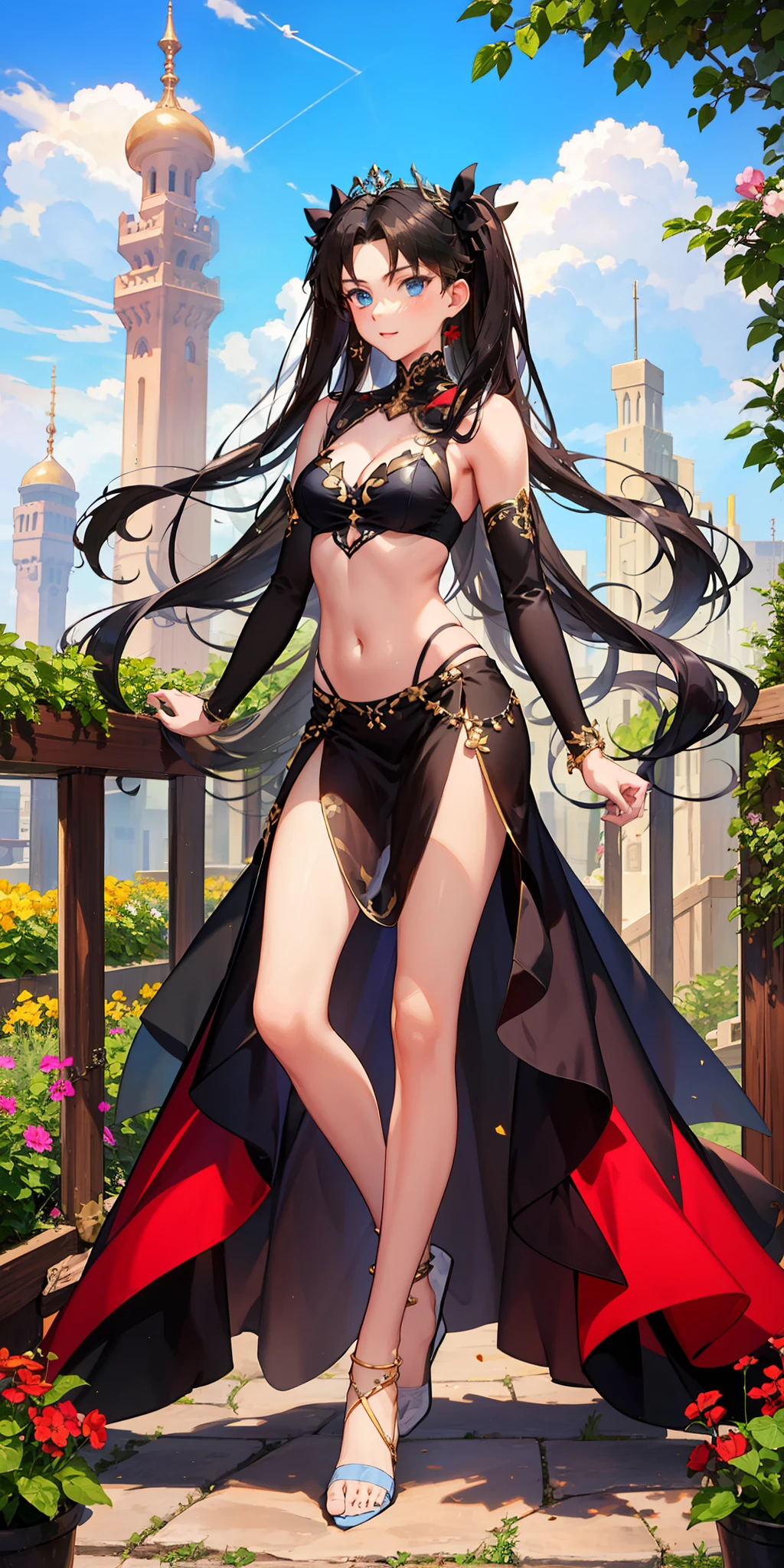 long hair, black hair, medium breast, slim legs, happy, bluish gown, cleavage, arabian belly dancer , short skirt, rin tohsaka, twin tail, navel, garden, blue eyes, tiara, standing, thigh high socks, sunlight, shoulderless