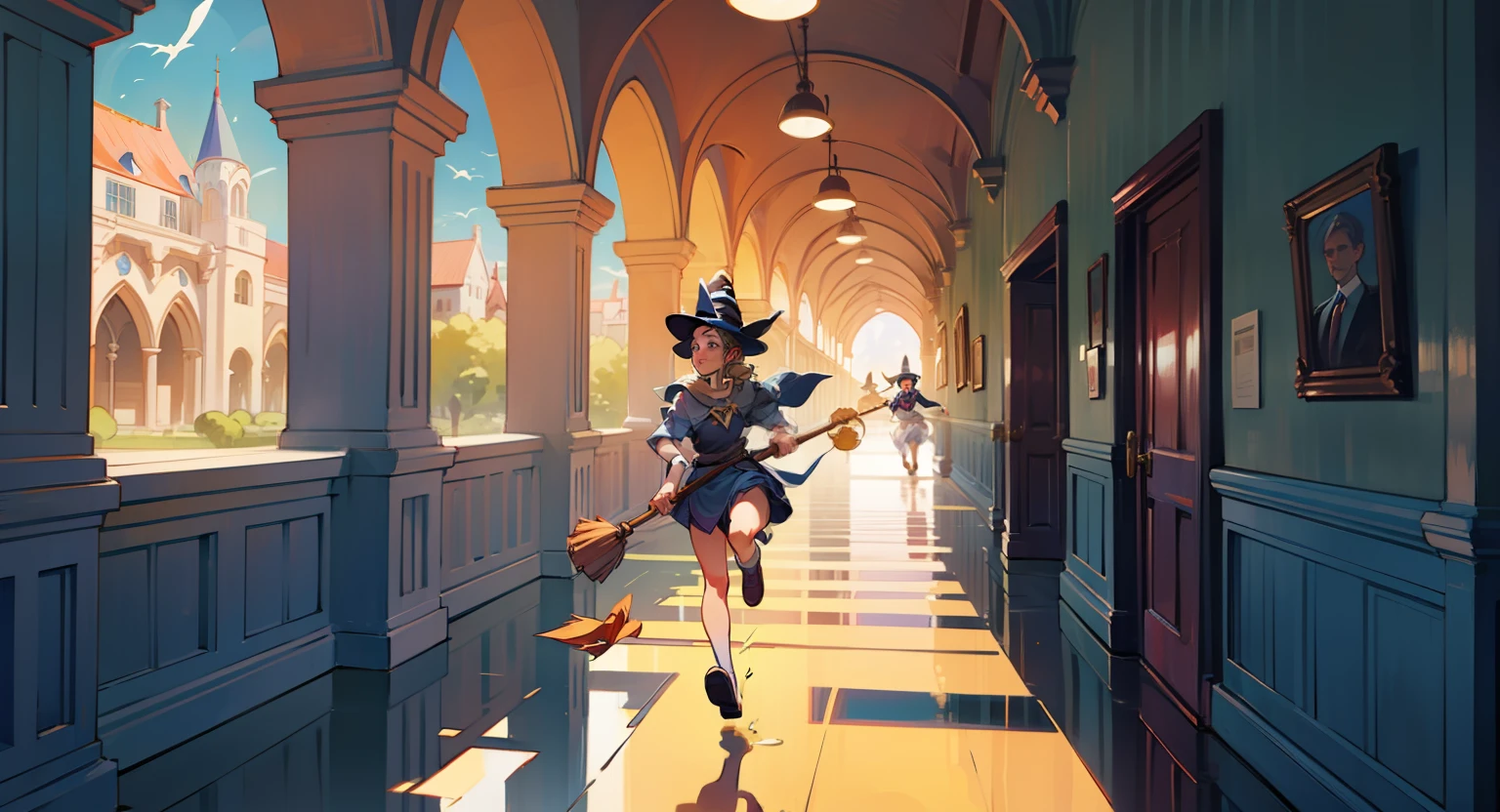 magic school,One side of the teaching building,There were a lot of people running along the hallway,The characters are gorgeously dressed,Riding a broom,witch clothes,A few more people