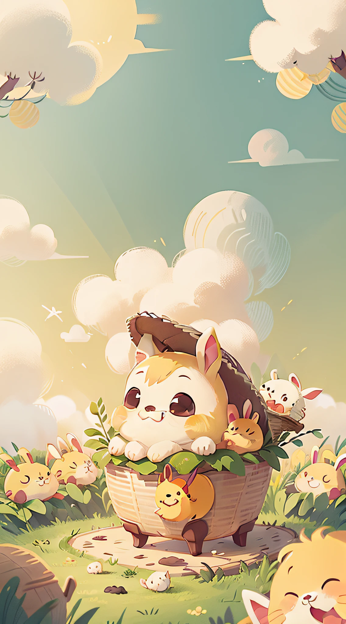 Liqiu solar term illustration style, Cute little bunny, Golden yellow rice background, White clouds float in the sky, The little rabbit smiled into a line, It contained a basket filled with fresh rice