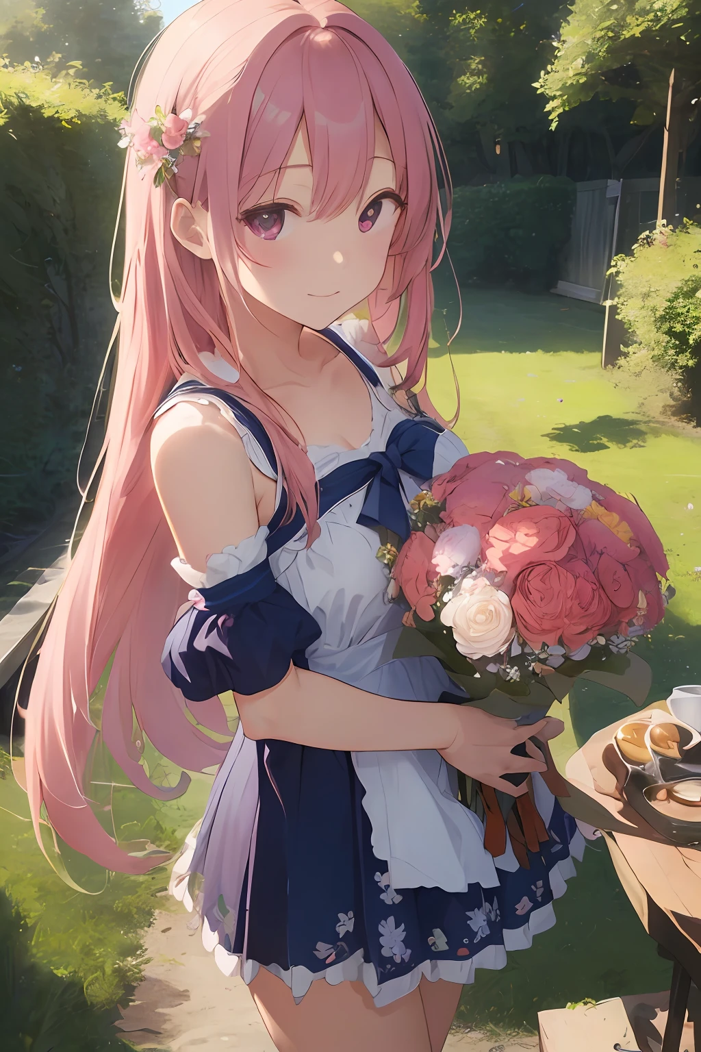 (​masterpiece、realisitic:1.4)、(very intricate:1.2)>、Close Shot、portlate、(The upper part of the body:1.2)、（directly in front）、(dinner table)、doress、a short skirt、(Very long hair)、A smile、breastsout、bare shoulders​、garden、(Hugging a large bouquet of gifts:1.5)、nigh sky、(florals)、(Confetti)、looking at the viewers、Italian、tilt of the head、the wind、1girl in、独奏、Pink hair、BREAK、ciinematic light、超A high resolution、8KUHD、film grains、perfect anatomia、Exquisitely detailed skin、 Best Shadows、Delicate、raw、hight resolution、Precise background、(Natural forest in the background)、(breastsout)Protrusion of