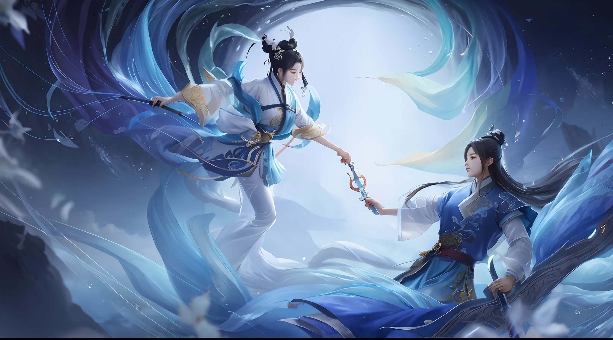 anime girl with a sword and a girl with a blue dress, heise jinyao, by Yang J, yiqiang and shurakrgt, xianxia fantasy, full body xianxia, onmyoji detailed art, ruan jia and artgerm, g liulian art style, inspired by Li Mei-shu, by Qu Leilei