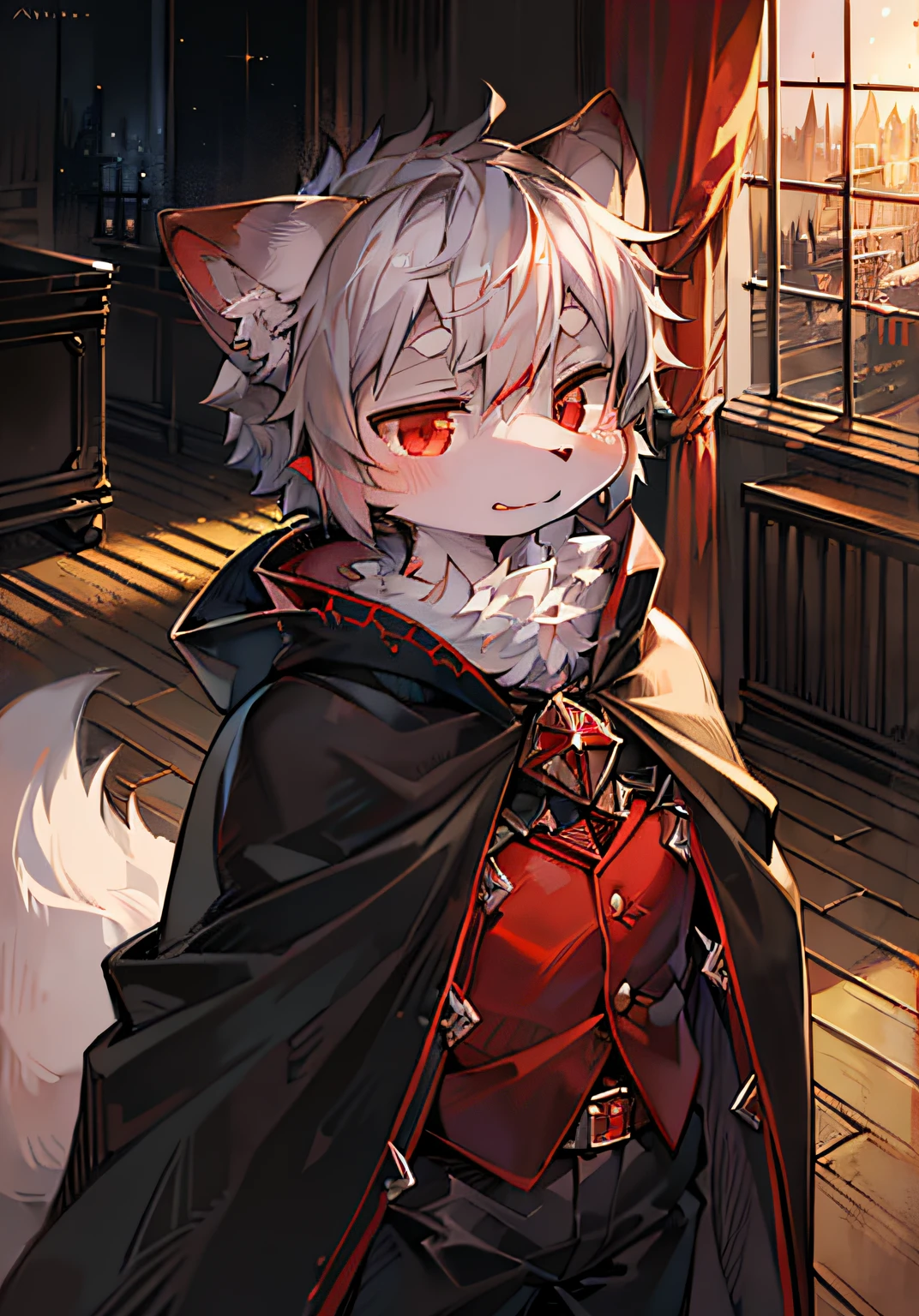 (dark environment:0.8),masterpiece, high quality, absurd res, digital painting \(artwork\), by dagasi, yupa,kiyosan,(anthro,fluffy fur,character focus:1.1),anthro male cat,short hair,portrait, bright eyes,panorama,character focus.(detailed background:0.7),solo,furry,furry male ,male focus,anthr,(Full body fur, fluffy tail, white fur,red eyes,gray hair:1.2),(long canines,vampire, cape:1.2),(interior,night, castle, coffin:1.1)