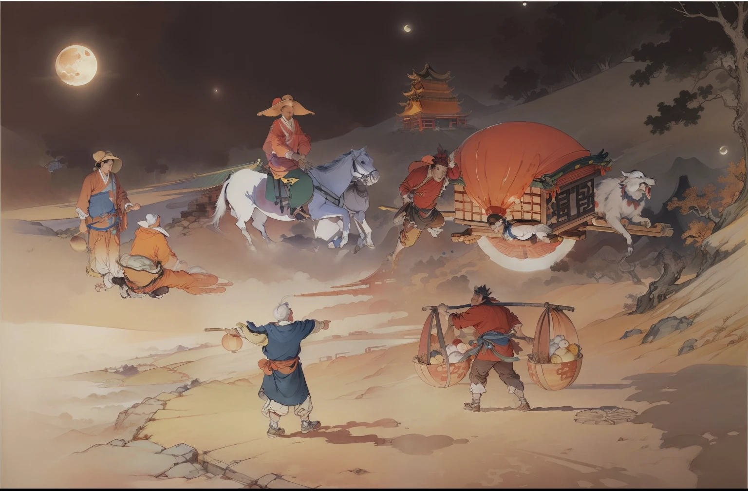 Ancient Chinese landscapes,Ancient buildings,Pavilions,Carved beams and paintings,enchanting scenery,Night,Moon light,Layered, Rich light and shadow,Mid-Autumn Festival, Ink painting style,clean color,Low-saturation colors,Colors of low brightness,Decisive cut,Leave white space,impressionistic,tmasterpiece,ultra - detailed,Epic composition, HighestQuali,hyper realisitc,Art germ --v 6