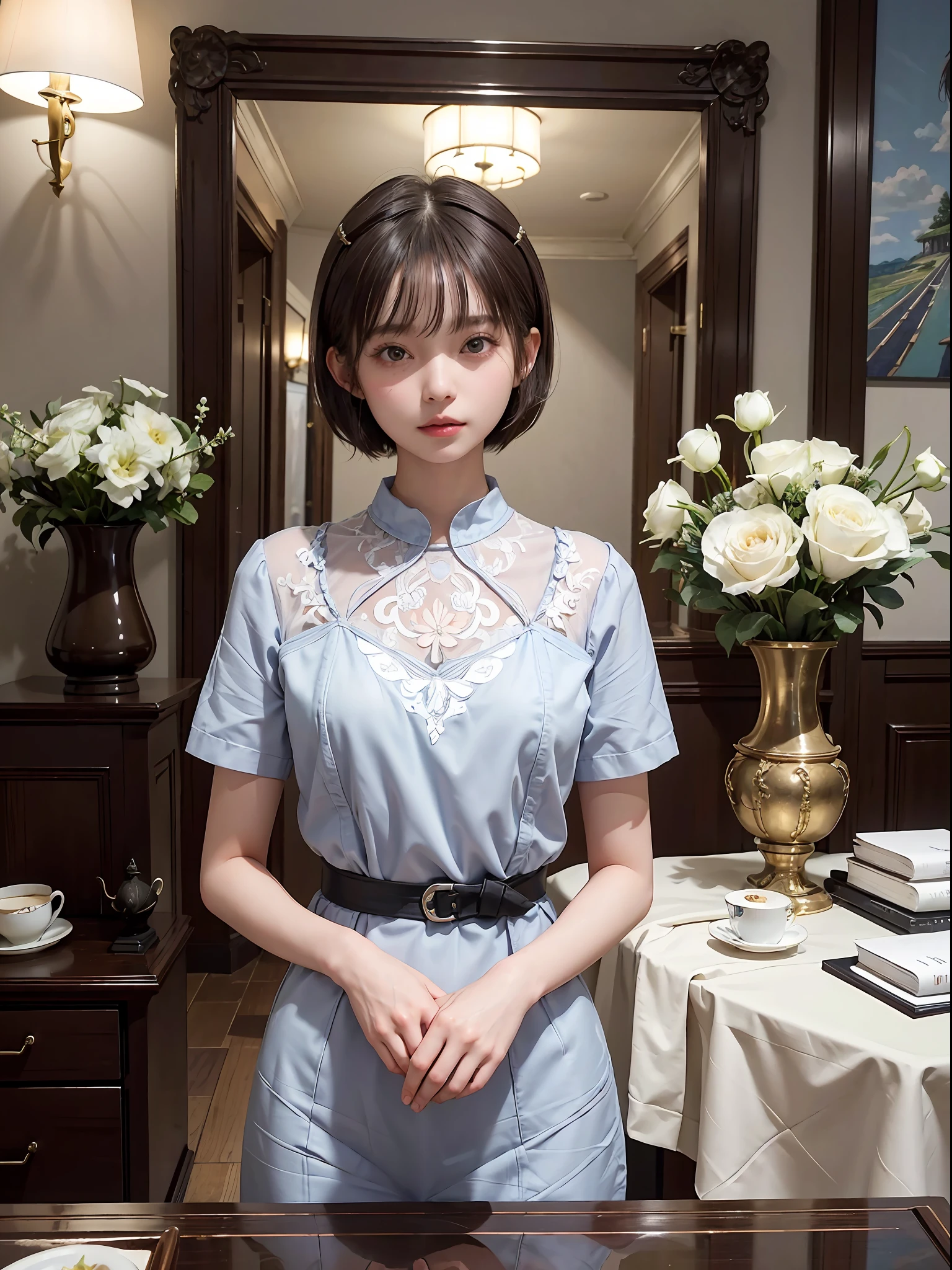 ​masterpiece, 1 beautiful girls, (((very_Short_hair))), Eye details, Swollen eyes, Top image quality, 超A high resolution, (Realistis: 1.4), OriginalPhotographs, 1girl in, Cinematographic lighting, japanes, Asian Beauty, Korean, very beautif, Beautiful skins, Thin, (A hyper-realistic), (hight resolution), (8 K), (ighly detailed), (The best illustrations), (beautifully detailed eyes), (ultra-detailliert), A detailed face, see the beholder, Facing straight ahead, Neat Clothing, shorth hair、A dark-haired、46-point diagonal bangs、Luxury hotel interior background、flower arrangement、vases、Neat and clean, Picture frame painting
