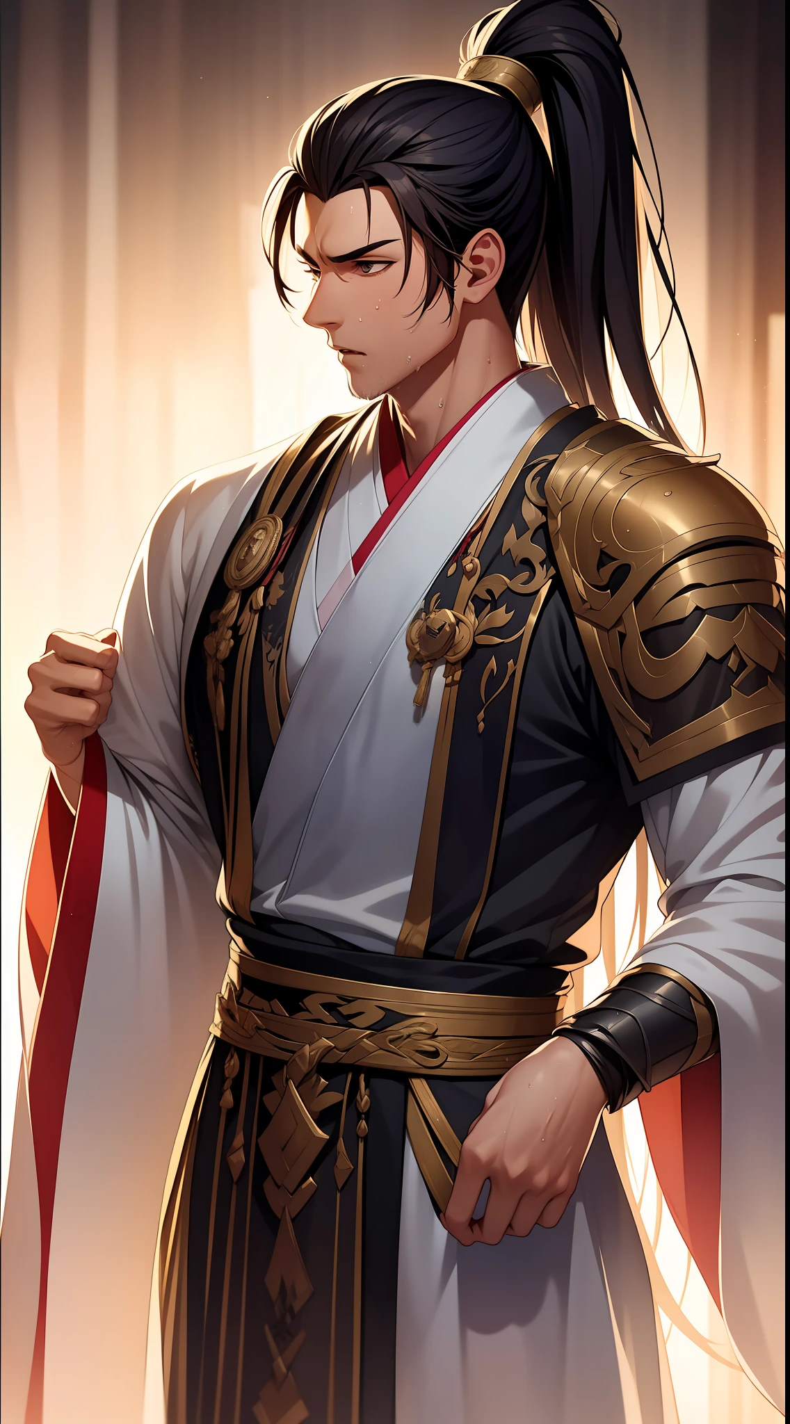quadratic element，style of anime，mtu（Male Warrior），musculature，The proportions are correct，Face details，swordsmen，High ponytail hairstyle，perspired，Sweat on the face，drools，Neck details，There is an Adam's apple，Get wet，Drenched，white hanfu，kaftan，Embroidered robes，Black robe，clothes details，Handing over，longer sleeves，Game quality，Swordsmanship，Light and shadow tracking，Ray traching，detailed glow，cg render，hair detail，cabelos preto e longos，Golden eyes，Sweat on the face，Handsome，Handsome，Beads of sweat slipped down my neck，（juvenile sense），Clothing is complicated，Drenched，Get wet，Perfectcomposition，Refinement，high qulity，higher details，Lots of details，The background is complex，a sense of atmosphere，